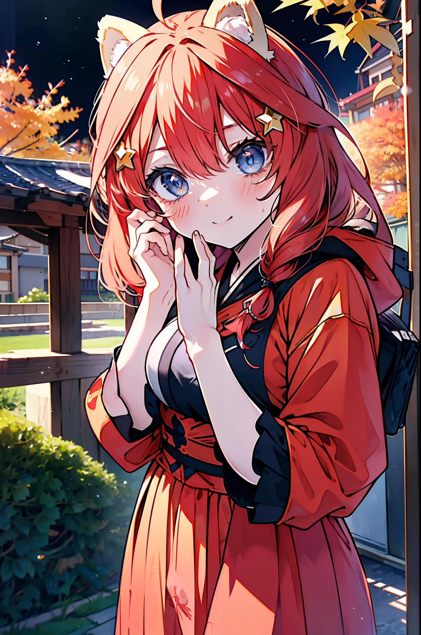 itsukinakano, itsuki nakano, bangs, blue eyes, hair between eyes, Ahoge, redhead, star \(symbol\), short braided hair,hair ornaments, star hair ornaments,smile,blush,animal ears raccoon ears,animal tail raccoon tail,Akabuchi Glasses,red hoodie,white long skirt,Cute Sandals,autumn leaves,autumn leavesが散っている,autumn leaves道,whole bodyがイラストに入るように,night,moonlight,moonlight,
break outdoors,garden,
break looking at viewer,whole body,(cowboy shot:1.5),
break (masterpiece:1.2), highest quality, High resolution, unity 8k wallpaper, (shape:0.8), (beautiful deしっぽed eyes:1.6), extremely deしっぽed face, perfect lighting, extremely deしっぽed CG, (perfect hands, perfect anatomy),