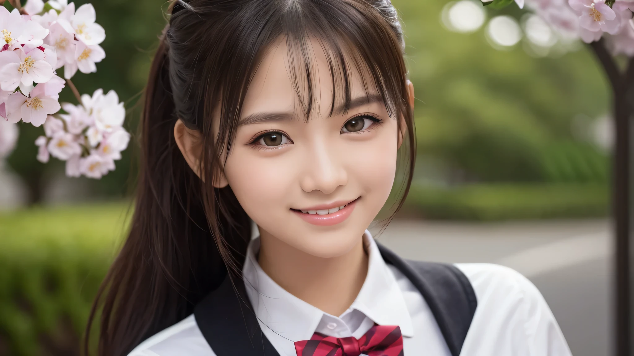 1girl, (Best Quality:1.4), (Ultra-detailed), (extremely detailed beautiful face), Amazing face and eyes, (ponytail), cute smile, brown eyes, (highly detailed Beautiful face), (high school uniform:1.2), (extremely detailed CG unified 8k wallpaper), Highly detailed, High-definition raw color photos, Professional Photography, Realistic portrait, evening, Extremely high resolution, smiling, cherry blossoms,