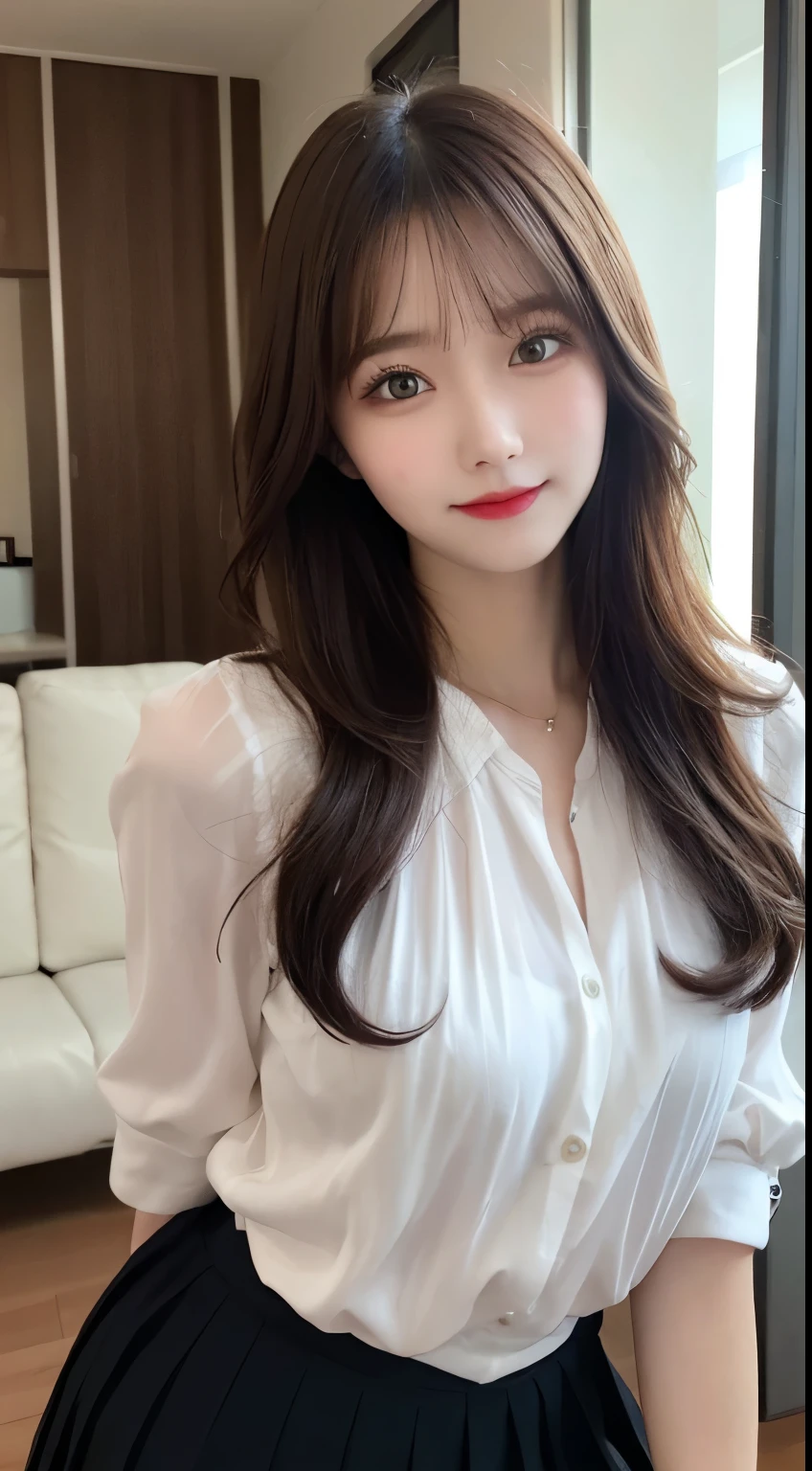 table top, highest quality, shape, Super detailed, finely, High resolution, 8k wallpaper, 完璧なダイナミックな構shape, beautiful and detailed eyes, small breasts, natural color lip, ランダムなsexy pose,smile,20 year old girl、Beautiful and dense face、perfect and beautiful face,Big eyes、real photos(best image quality),cute face、cute、blouse(black)、pleated skirt、Blurred tower apartment living room background、sexy pose