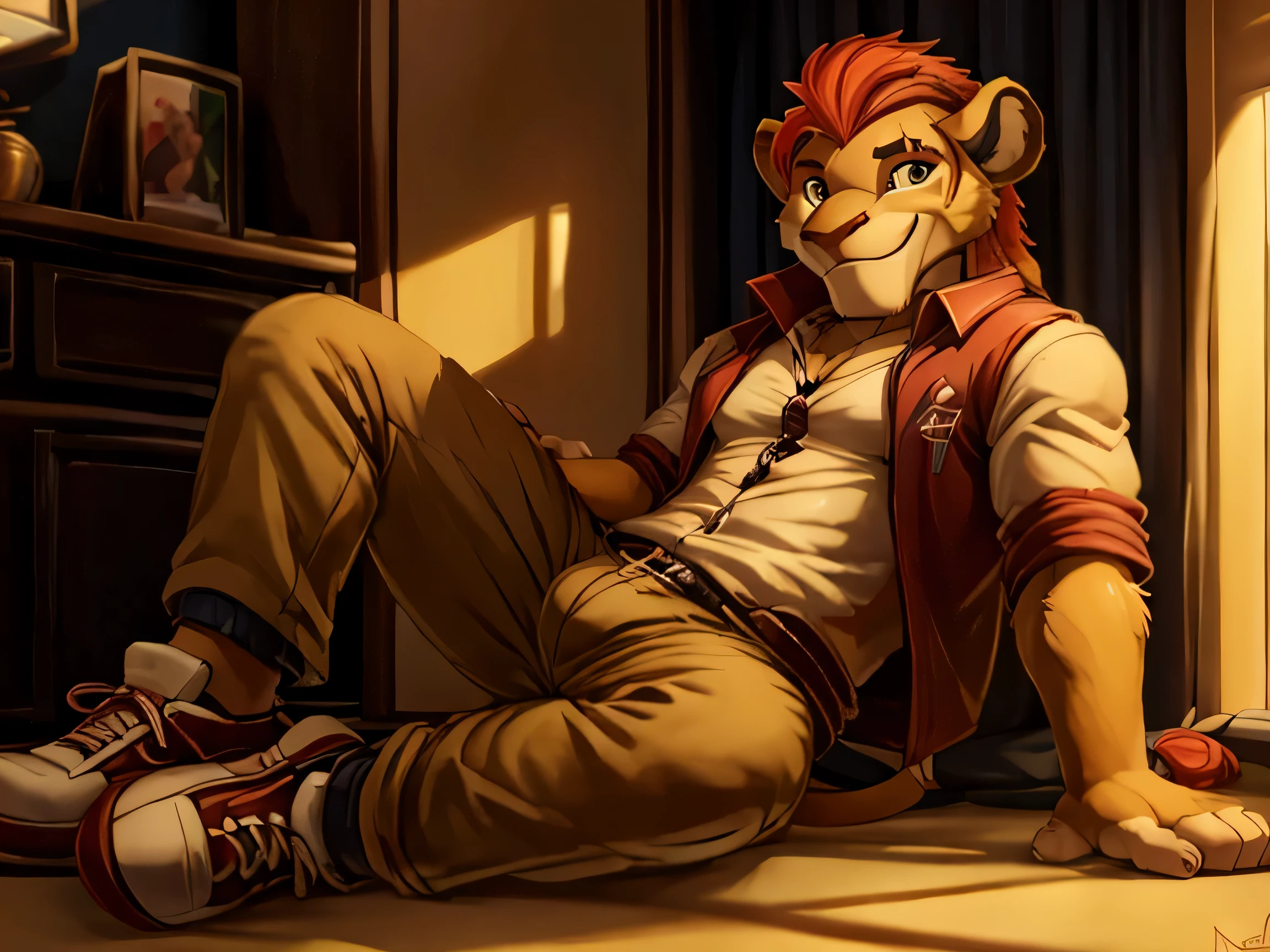 masterpiece, detailed, beautiful digital art, masterpiece, 4k, fine details, anthro, lion, Kion, male, ((masculine)), good quality anatomy, ((beautiful eyes)), red mane, ((beautiful hands, detailed hands)), clothing, casual clothing, bedroom, college dormroom, sitting on floor, shoes, ((wearing shoes)), (((detailed clothing))), (looking at viewer), smile, (((seductive smile))), looking at viewer, full body, scar, scar on left eye, anime style, by nommz, by haychel, by oouyuki benten