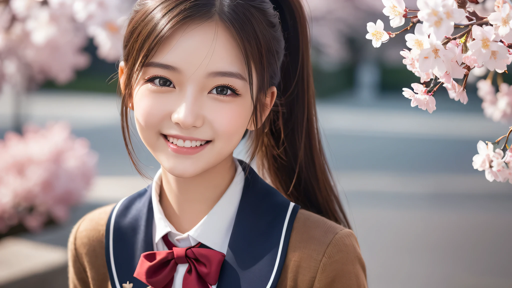 1girl, (Best Quality:1.4), (Ultra-detailed), (extremely detailed beautiful face), Amazing face and eyes, (ponytail), cute smile, brown eyes, (highly detailed Beautiful face), (high school uniform:1.2), (extremely detailed CG unified 8k wallpaper), Highly detailed, High-definition raw color photos, Professional Photography, Realistic portrait, evening, Extremely high resolution, smiling, cherry blossoms,