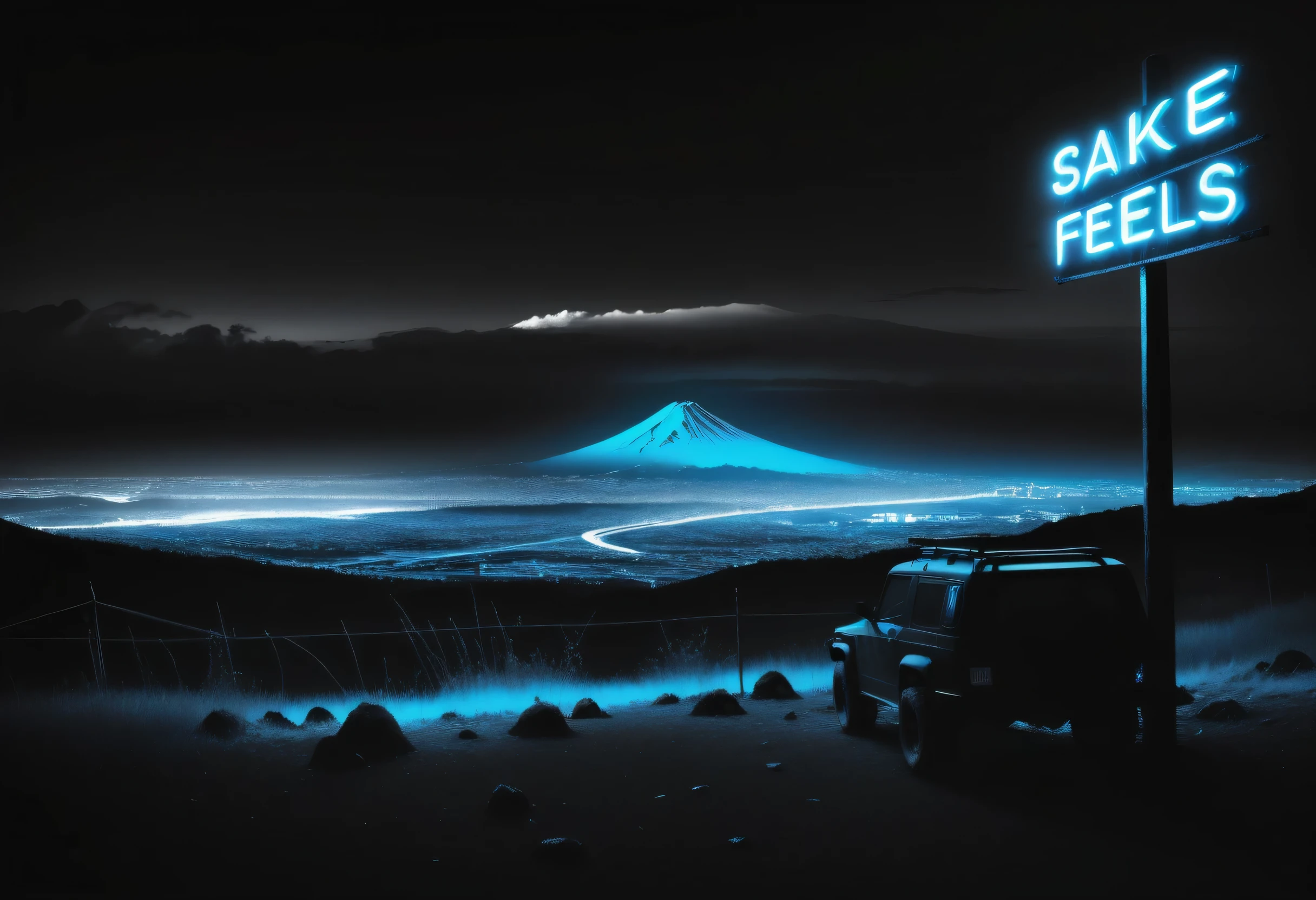 post-apocalyptic scene, gloomy atmosphere, black and white post-apocalyptic landscape, all in black and white, only Neon Sig in bright blue with the text "THIS SAKE FEELS LIKE MT. FUJI"