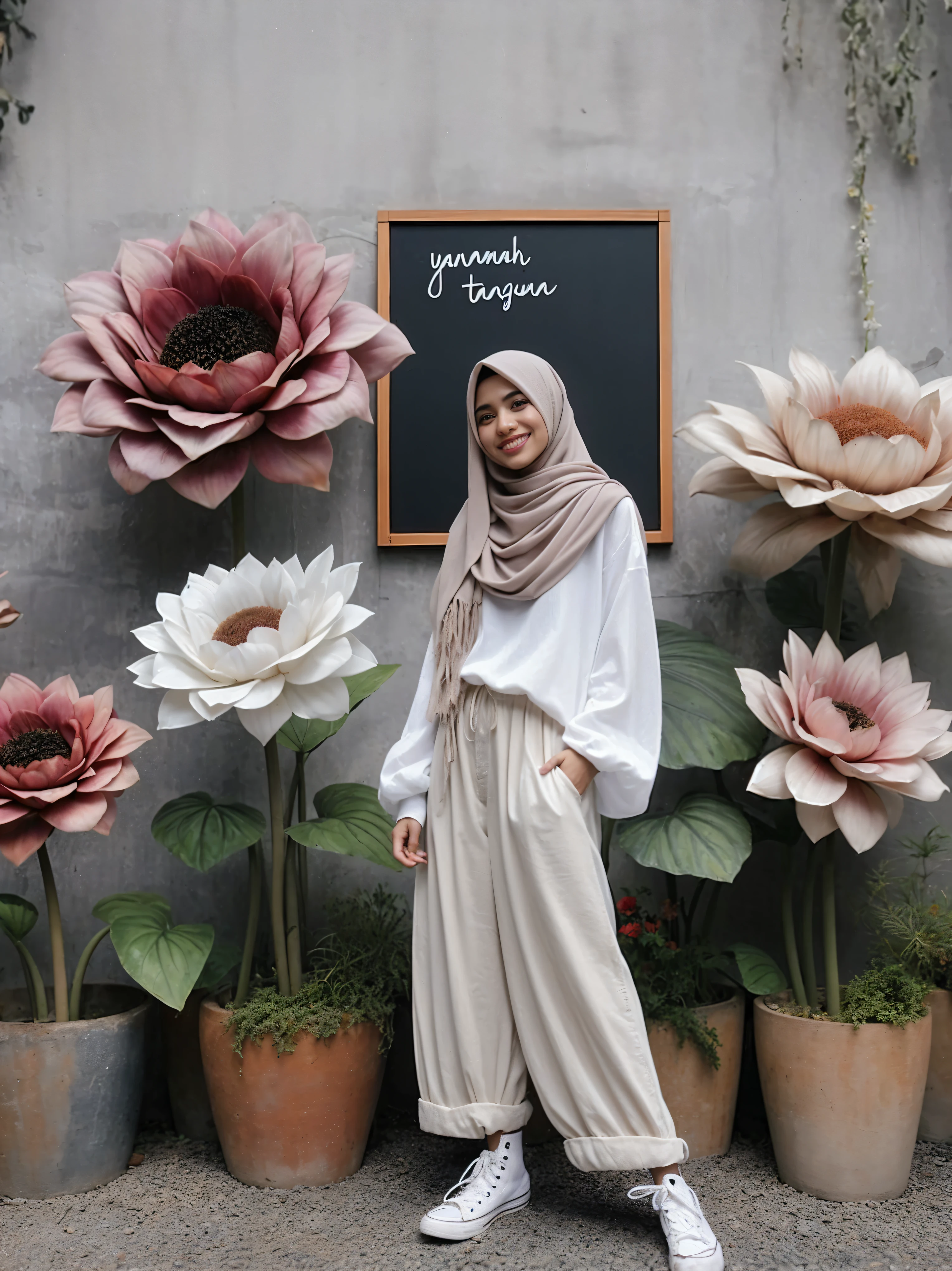 there is a woman standing in front of a display of flowers, white hijab, hijab, with flowers, in garden, ๐๐น๐พ, inspired by Naza, โ๐ช๐๐ฉ๐พ, flowers in background, taken in 2 0 2 0, inspired by Fathi Hassan, aesthetic!!, in pastel colors, an aesthetic!, smooth in _ the background