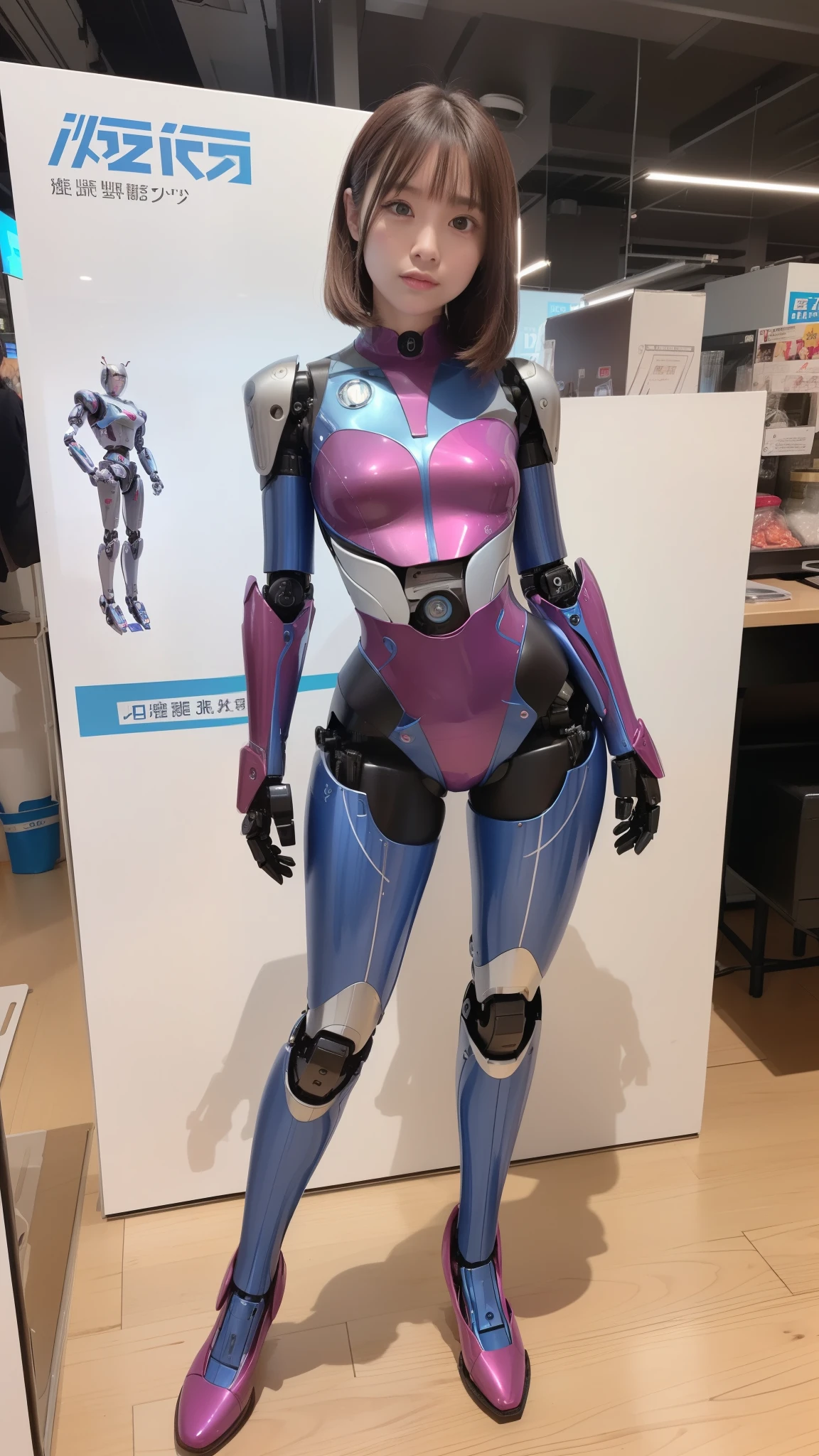 (Photorealsitic:1.4)、one robot woman、(top-quality)、(hyperdetailed face)、(Super well-formed face)、(Robot Parts)、(Female-Robot)、(25 years-old)、(Blue)、(pink there)、(Burgundy)、(metallic)、(full-body)、(sexy pose)、(Slender body)、(Model body type)、(full body mech)、(mechanical exposure)、(Akihabara)、(is looking at the camera)、(A brown-haired)、(Well-proportioned body)、(a small face)、(a small head)、(well-groomed fingers)、(Idol)、(front facing)、(Standing with legs open)、(Photo session)、(Looks sad)、(perfect-female-robot)、(perfect-mechanical-body)