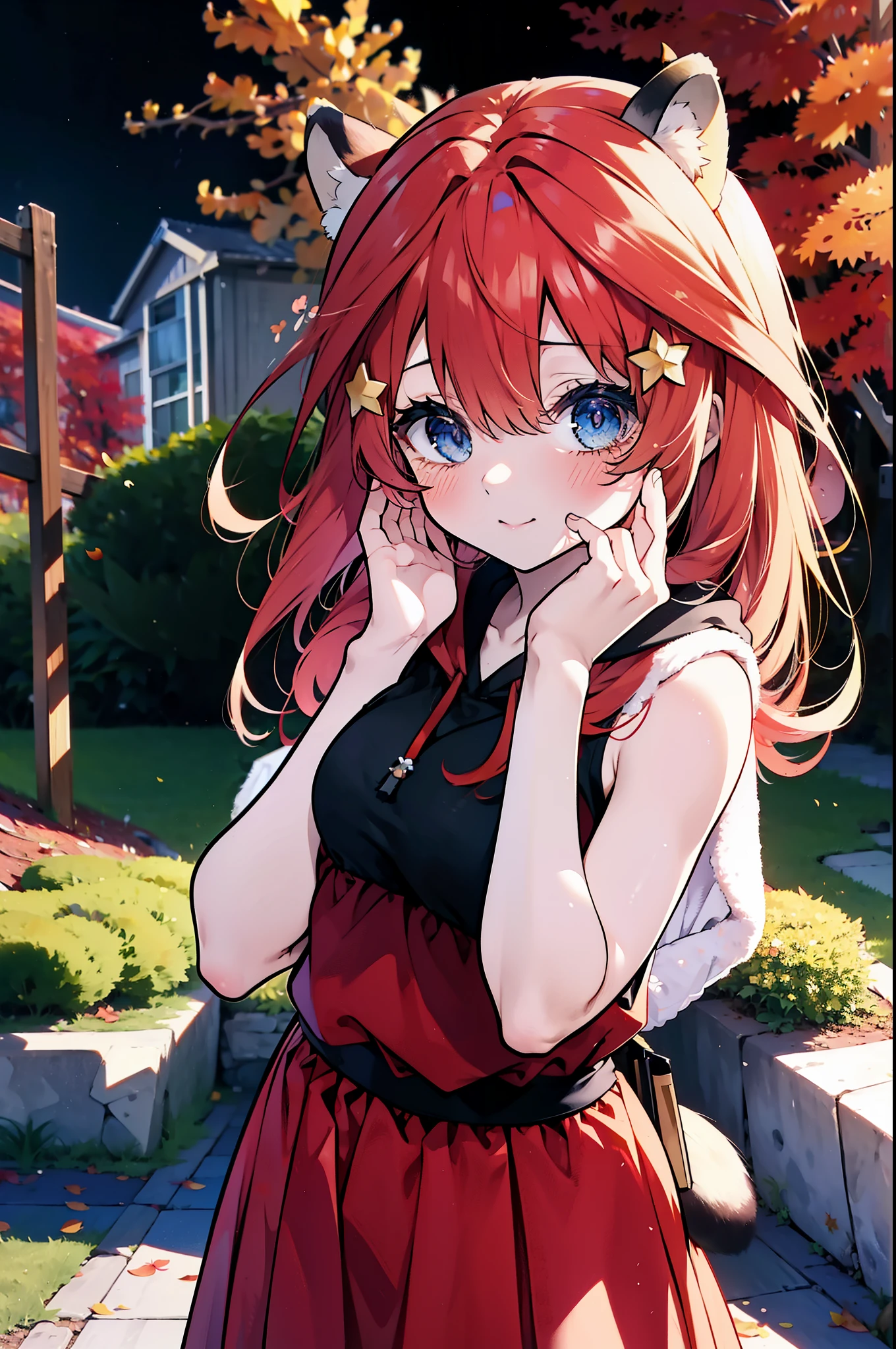 itsukinakano, itsuki nakano, bangs, blue eyes, hair between eyes, Ahoge, redhead, star \(symbol\), short braided hair,hair ornaments, star hair ornaments,smile,blush,animal ears　raccoon ears,animal tail　raccoon tail,Akabuchi Glasses,red hoodie,white long skirt,Cute Sandals,autumn leaves,autumn leavesが散っている,autumn leaves道,whole bodyがイラストに入るように,night,moonlight,moonlight,
break outdoors,garden,
break looking at viewer,whole body,(cowboy shot:1.5),
break (masterpiece:1.2), highest quality, High resolution, unity 8k wallpaper, (shape:0.8), (beautiful deしっぽed eyes:1.6), extremely deしっぽed face, perfect lighting, extremely deしっぽed CG, (perfect hands, perfect anatomy),