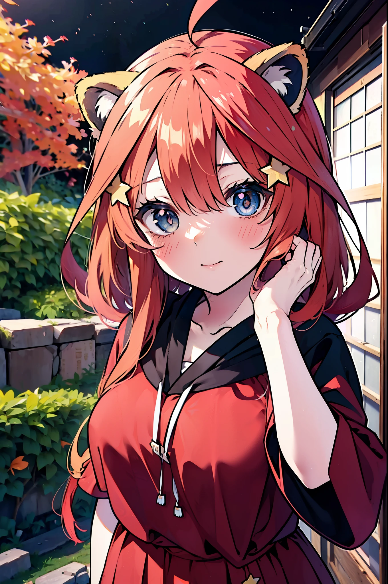 itsukinakano, itsuki nakano, bangs, blue eyes, hair between eyes, Ahoge, redhead, star \(symbol\), short braided hair,hair ornaments, star hair ornaments,smile,blush,animal ears　raccoon ears,animal tail　raccoon tail,Akabuchi Glasses,red hoodie,white long skirt,Cute Sandals,autumn leaves,autumn leavesが散っている,autumn leaves道,whole bodyがイラストに入るように,night,moonlight,moonlight,
break outdoors,garden,
break looking at viewer,whole body,(cowboy shot:1.5),
break (masterpiece:1.2), highest quality, High resolution, unity 8k wallpaper, (shape:0.8), (beautiful deしっぽed eyes:1.6), extremely deしっぽed face, perfect lighting, extremely deしっぽed CG, (perfect hands, perfect anatomy),