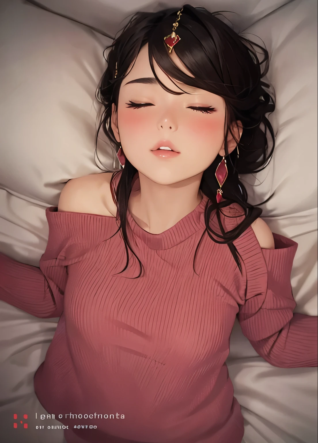 Sexy woman, eyes closed, mouth open, very deep blush, tip of the nose is red, long neck, off shoulder pink sweater, medium chest, visible cleavage, bedroom, warm lighting ,in bed