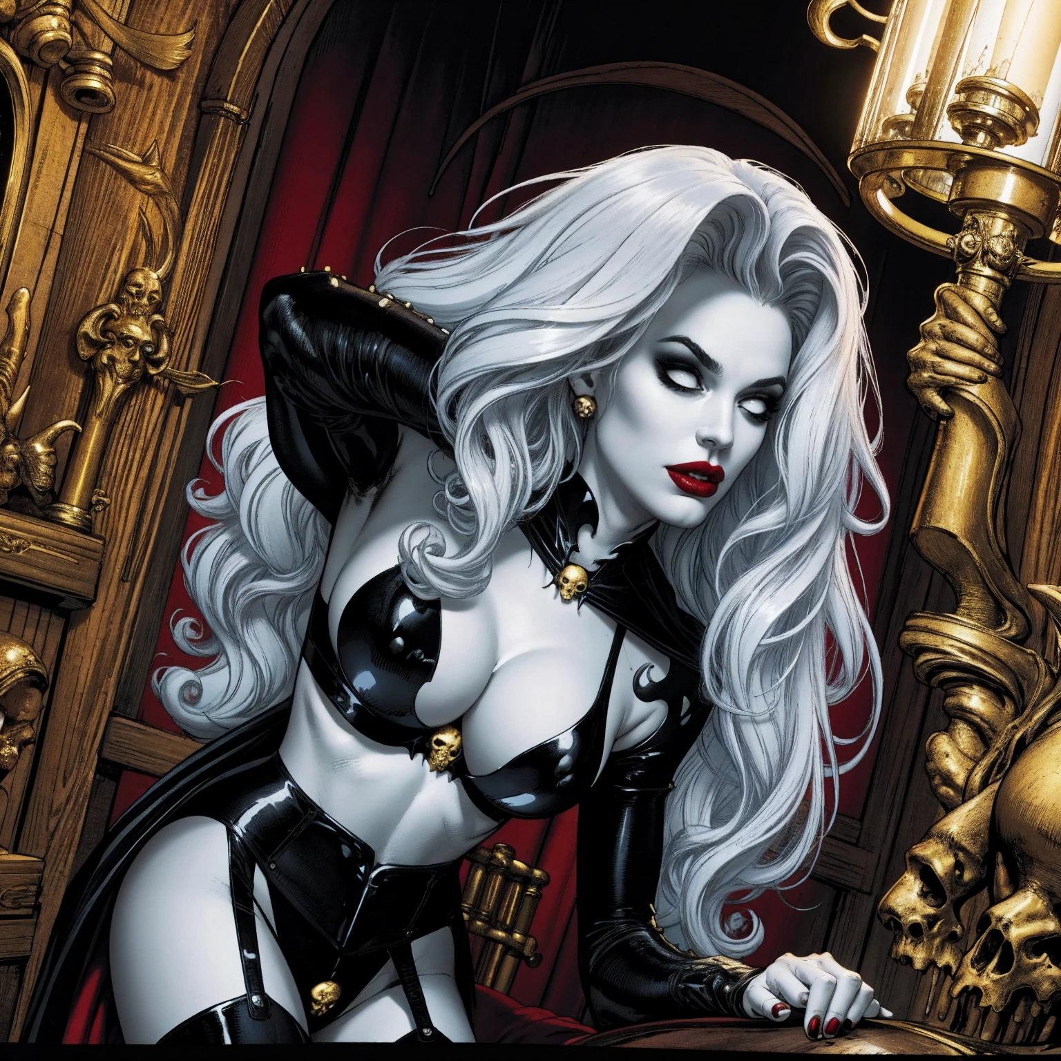 Uma mulher solo girl, Queen of Death, pale skinned, cabelos brancos, olhos brancos, red-lips, goth makeup, expression would be sensual, corpo sensual sexy, cintura fina, coxas grossas, usando um vestido antigo preto, ela usando um colar de caveira de prata, in the background a cemetery and she is holding a soul with her hand, detailed graphic bright and vibrant colors, whole body