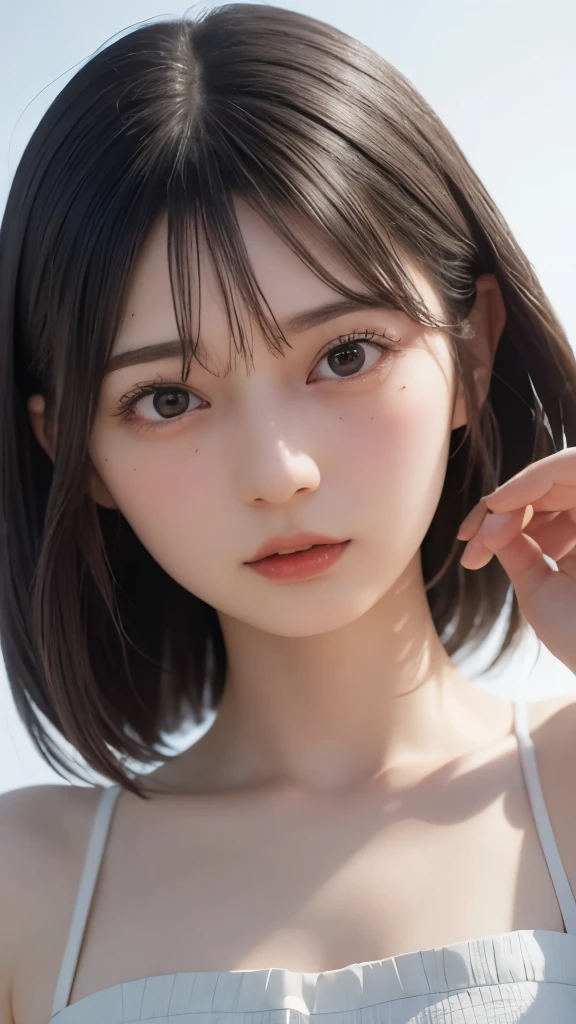 (1 nogizaka girl,masterpiece, best image quality, high quality, ultra high resolution,high resolution,detailed, highly detailed, super detailed,3D render,unreal engine,unity 8K wallpaper:1.3),one girl,Japanese girl,pretty girl,incredible pretty girl,pretty face(Pueros face_V1:0.4),  (Japanese ,Japanese junior idol,shoot from front,looking at viewer,shoot from below,full body:1.2),disorganized, detailed eyes, detailed skin, beautiful skin,so pretty,small face,oval face,beautiful eyelashes,detailed eyelashes,detailed face,small details, bright lighting,professional lighting,thin eyebrows,anguish face,clevage