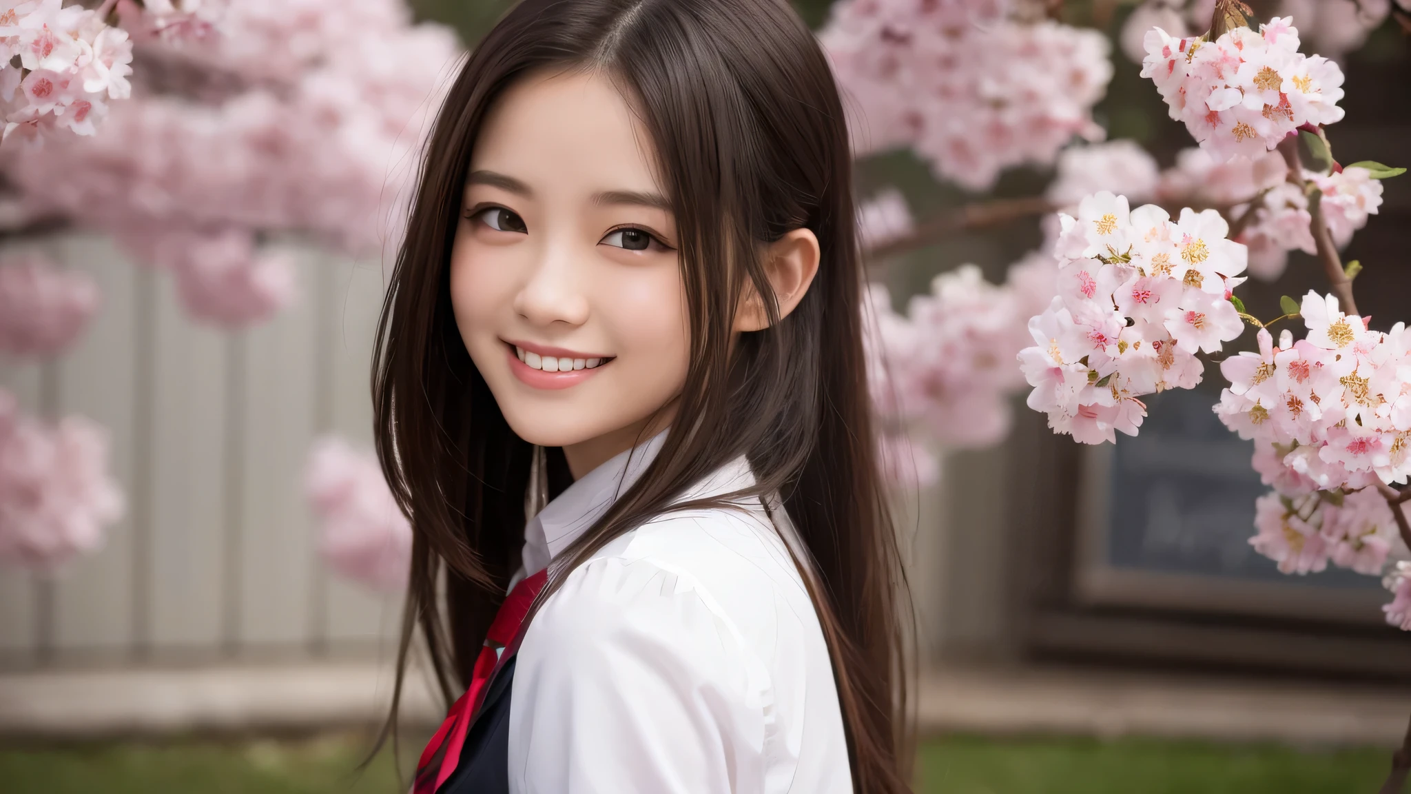 1girl, (Best Quality:1.4), (Ultra-detailed), (extremely detailed beautiful face), Amazing face and eyes, (ponytail), cute smile, brown eyes, (highly detailed Beautiful face), (high school uniform:1.2), (extremely detailed CG unified 8k wallpaper), Highly detailed, High-definition raw color photos, Professional Photography, Realistic portrait, evening, Extremely high resolution, smiling, cherry blossoms,