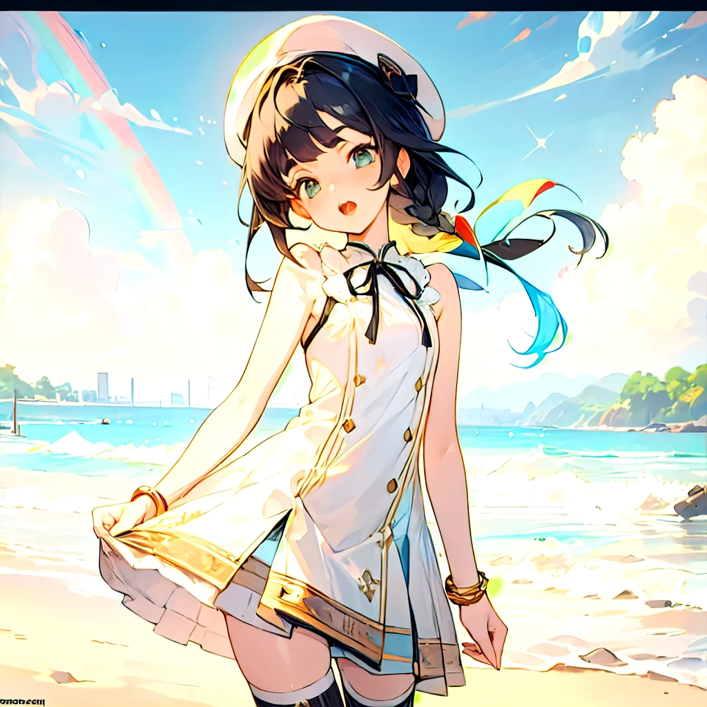 charactera girl, ligne claire, watercolour, cowboy shot, looking away, head tilt, a lot of details, Beautiful detailed girl, teenage girl,big eyes detailed long hair, hime cut, asymmetrical bangs, side braid, detailed black hair, cute face,  [[thick eyebrows]], Slightly open mouth, medium chest circumference, zettai ryouiki, Iridescence and rainbow eyes, Beautiful accessories, beret, neck ribbon, Bracelet, sleeveless dress, dhalter dress, kneehighs, sandals, strapless, striped cloth, white Clothes, outdoors, beautifully detailed sky, beach, warm, wallpaper 8k CG, masterpiece, extremely detailed,