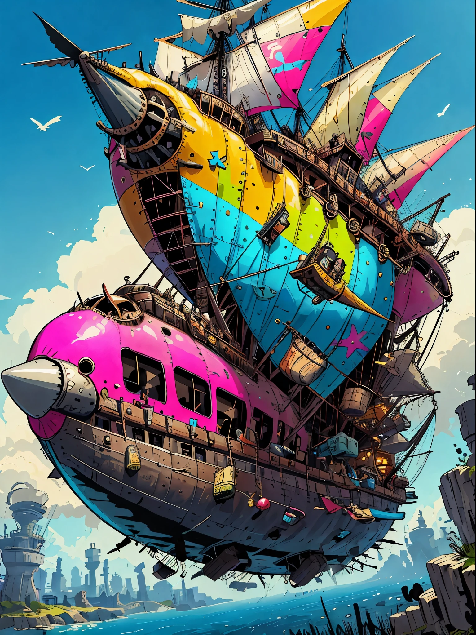 PunkPunkAI 
airship, vivid colors, environment, messy