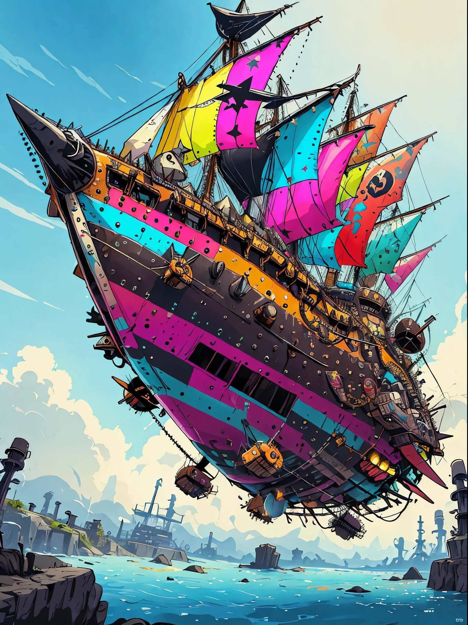 PunkPunkAI 
airship, vivid colors, environment, messy