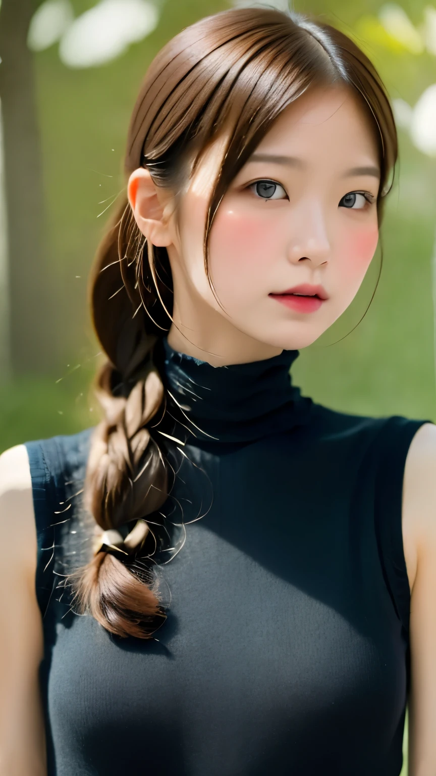 one woman、(UHD, retina, masterpiece, Accurate, anatomicaly_correct, textured_skin, wonderful_be familiar with, expensive_be familiar withs, expensive_quality, Highest_quality, expensive_response, 1080p, hd, 4k, 8K, 16k), (beautiful_be familiar withed_eyes, beautiful_be familiar withed_lips, very_be familiar withed_eyes_and_face), soft_lit, physics based_rendering, wonderful_color, (big_chest:1.5), (shiny_hair, shiny_skin, sunburned_skin, blush), (前hair:1.5), eye_reflection, (Bokeh), 笑face_and_笑face, (sleeveless_turtleneck_knit:1.5), from below,