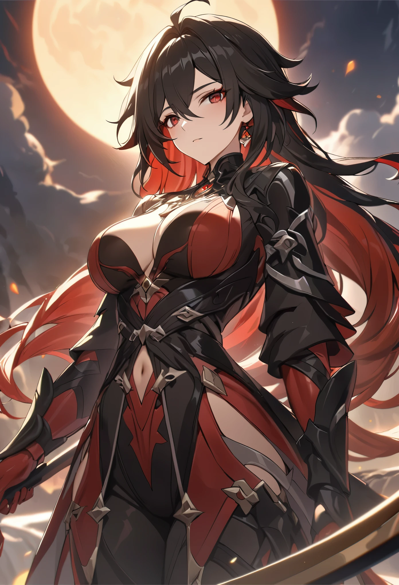 ((solo)), (woman), cherry red eyes, raven black hair, very long messy hair, vibrant red colored inner hair, (sculpted body), medium-big breasts, thick, mature body, a close up of a person with a scythe in a desolate land detailed key anime art, honkai star trail character, casimir art, masamune shiro, masamune, beautiful woman in demon slayer art, genshin, heise jinyao, shadowverse style, (no logos), eclipse, black powers, twilight scenery, detailed clothes, eye reflection, depth of field, cinematic lighting, ray tracing, depth of field, cinematic lighting, ray tracing, UHD, high details, best quality, highres, high quality, award winning, super detail, masterpiece, 8k, UHD, high details, best quality, highres, high quality, award winning, super detail, masterpiece, 8k