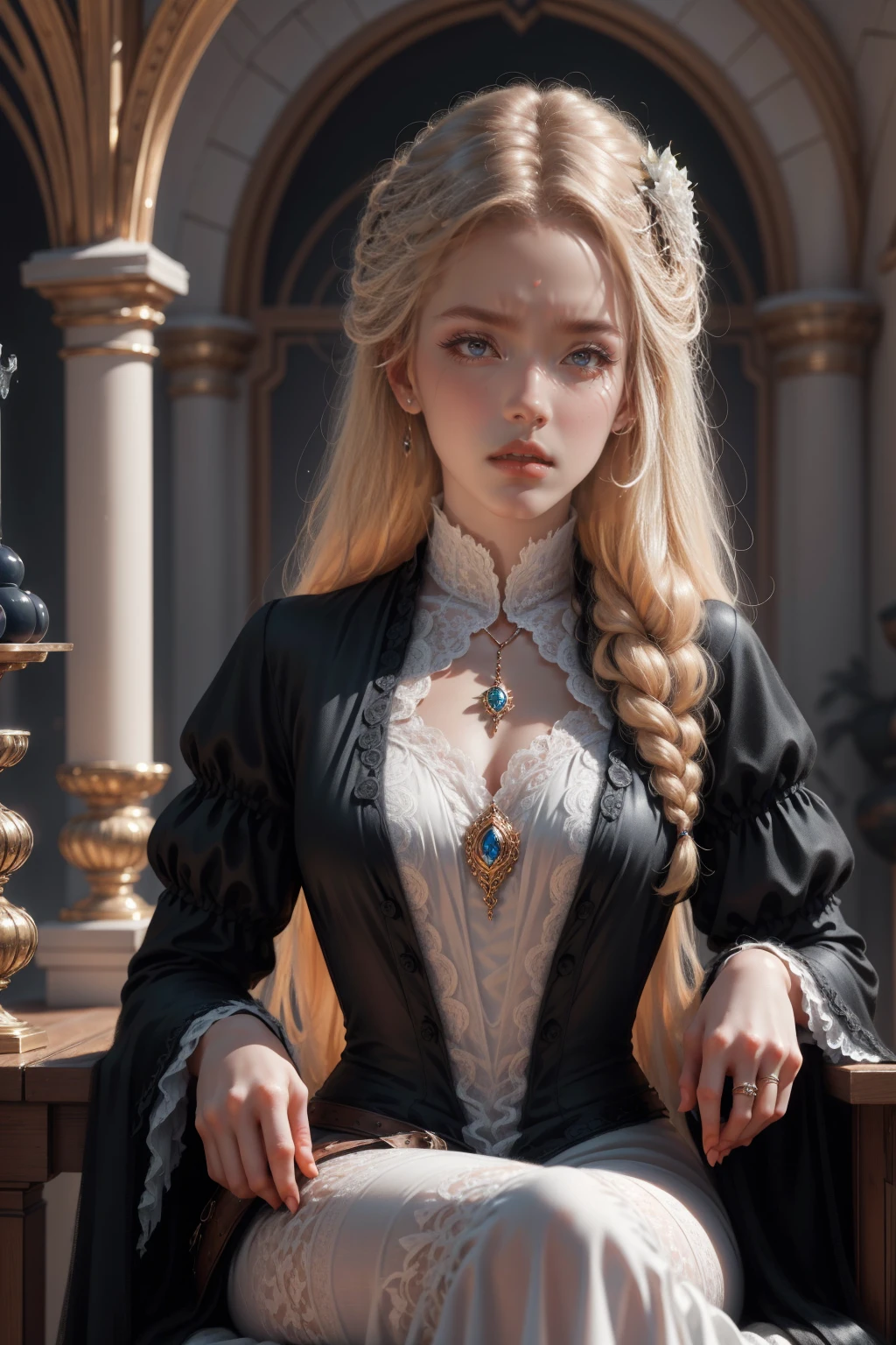 { - anatomy error}(Masterpiece - Ultra-detailed, very high resolution) Prepare to be enchanted by a true masterpiece that combines ultra-detailed art with high-resolution rendering. This work depicts a mesmerizing woman with very long blond hair (1.3) and captivating gray eyes (1.2), emanating an aura of elegance and mystery in Victorian settings. The intricate details and realistic textures invite you to explore every aspect of this enchanting composition. Woman wearing beautiful classic Victorian costume from the year 1878. Red lips. Happy face. Smiling. white (white) dress. sitting on the gound, dynamic poses. Get ready to dive into a world where beauty and craftsmanship merge perfectly.
