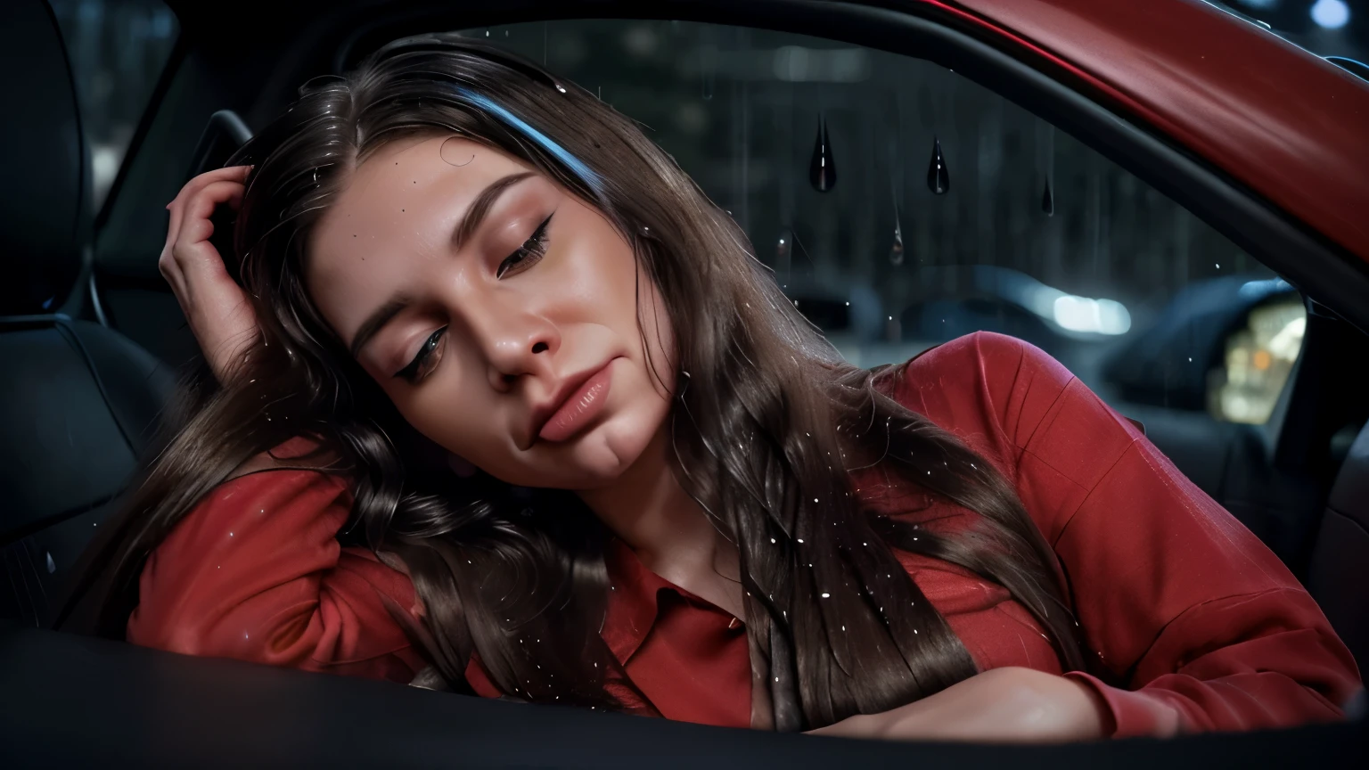 4D caricature of a beautiful woman with long hair, sleeping lying in the car, wearing a red shirt and blue trousers, at night with heavy rain outside the car, hyper-realistic, high contrast, high color effect, 8K, detailed, focused