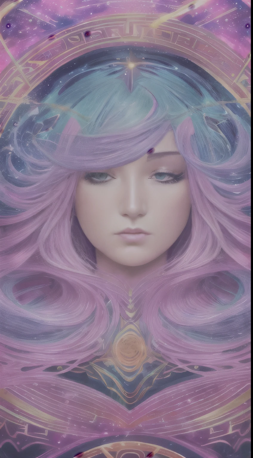 a close up of a woman with long pink hair and a purple background, jen bartel, portrait of a cosmic goddess, cosmic goddess, anime girl with cosmic hair, cyborg goddess in cosmos, cosmic girl, moebius + loish, goddess of galaxies, moebius + loish + wlop, dreamy psychedelic anime, goddess of space and time, colorful flat surreal ethereal