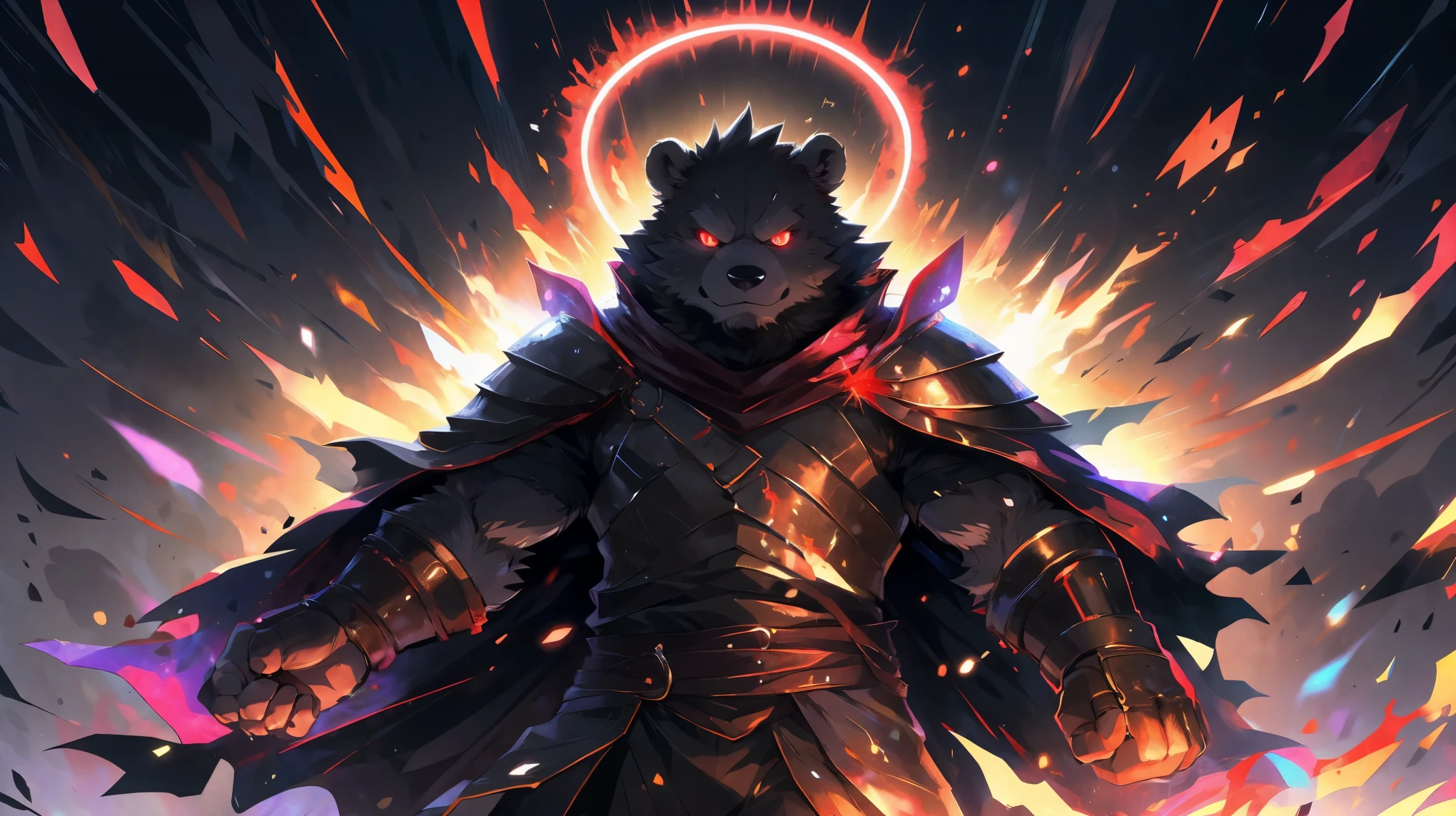 (dynamic poses:1.6), (ultra deTailed), sharp focus, Negi, eyes, (glowing red eyes:1.4), hairy, (Gray black fur:1.3), White beard, Humanity (bear), male, middle aged, gery fur,(beard), Tail, muscular, (knight clothing, red cherry long cloak), ultra deTailed face, high deTails, high quality, (best quality,4K,8K,high resolution,masterpiece:1.2),bright colors, (close up:1.5), author:Arashi Takemoto, by Camille, By Ruhu1145, by 69panda, Dark Souls boss style, The energy around the body cracks,(red halo:1.3),bloodstained,dynamic lighting,ominous atmosphere,Eerie fog,threatening presence,Full of horror atmosphere,dark and tortured soul, (enchanted deTail of colors), 8K wallpaper, yang08K, Looking at the audience with fierce eyes