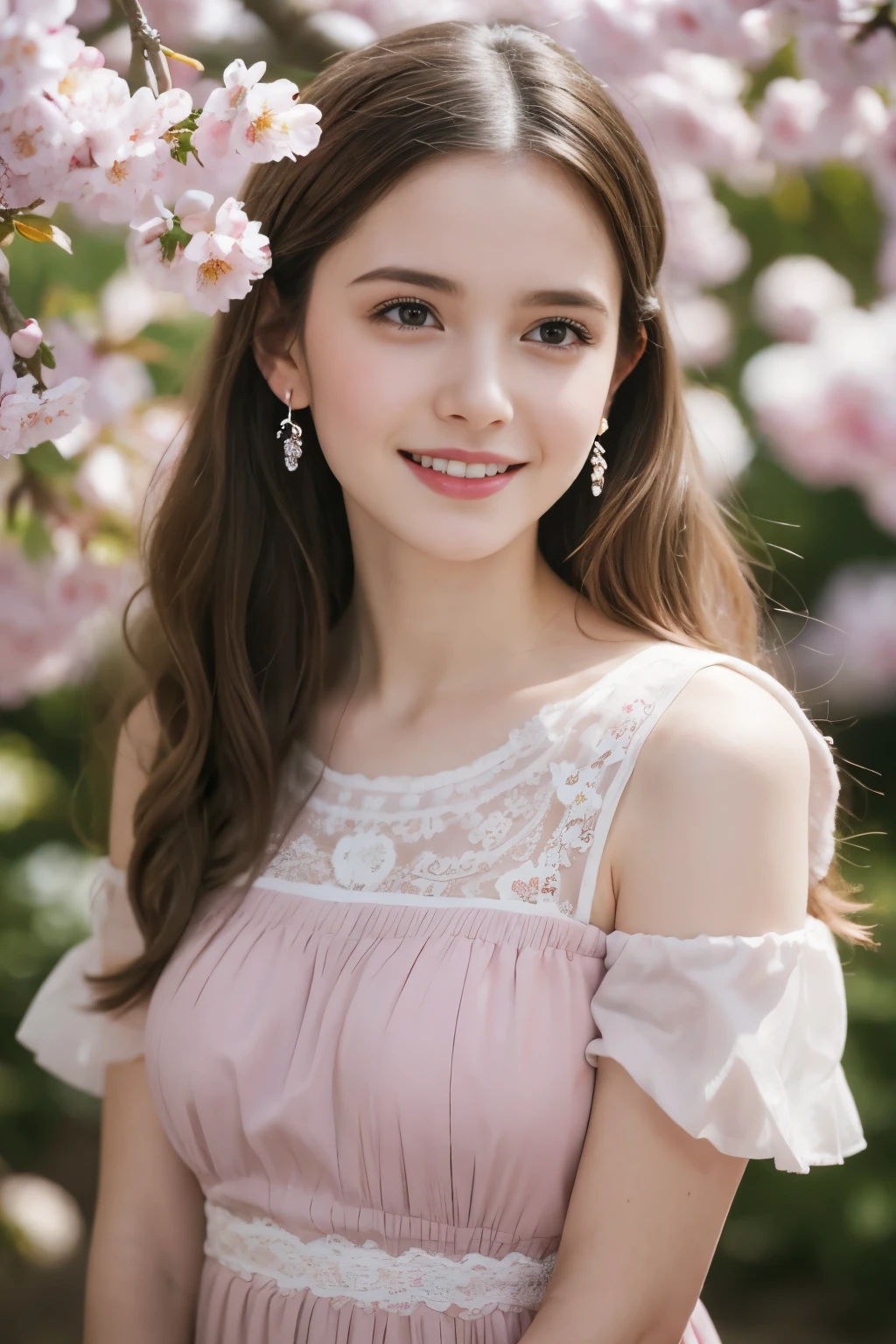 Masterpiece, Best quality, 8k, 18 ans, Photo brute, absurdes, Award-winning portrait, sourire, sourire, pure, french, simple vibrant pink dress, spring, orchard in bloom, laces, famous singer, cute, cherry lips, earrings, long hair, in love, Intelligent, Island, Shakespeare