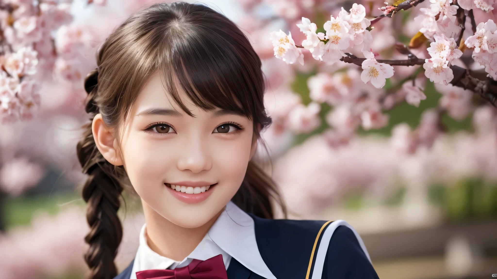 1girl, (Best Quality:1.4), (Ultra-detailed), (extremely detailed beautiful face), Amazing face and eyes, (ponytail), cute smile, brown eyes, (highly detailed Beautiful face), (high school uniform:1.2), (extremely detailed CG unified 8k wallpaper), Highly detailed, High-definition raw color photos, Professional Photography, Realistic portrait, evening, Extremely high resolution, smiling, cherry blossoms,