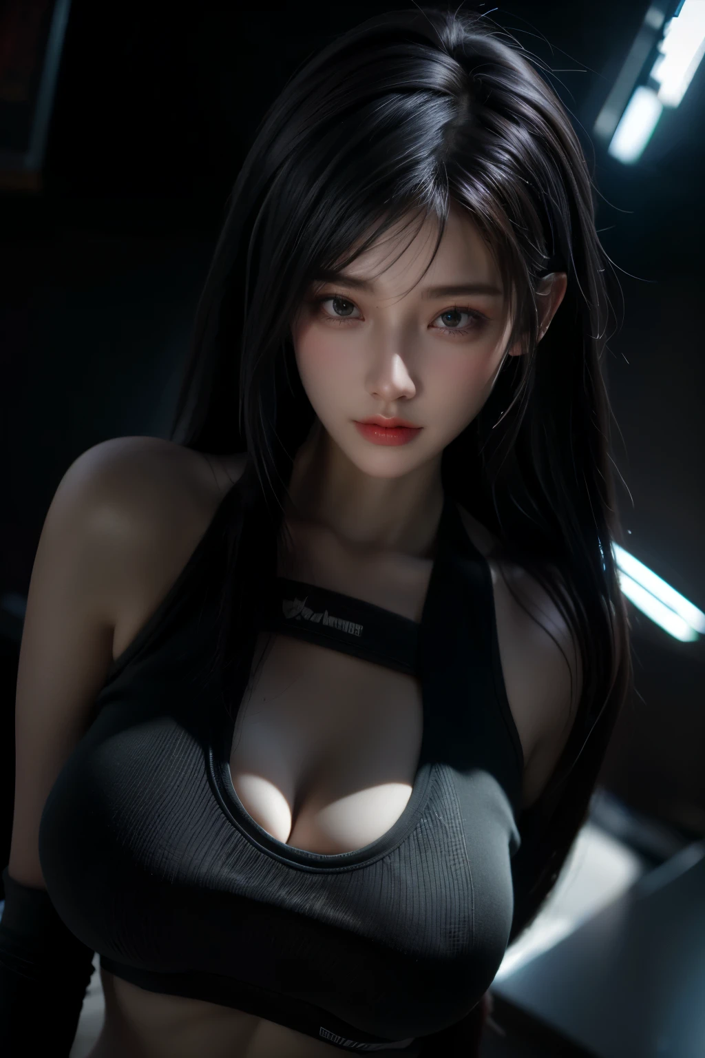 tmasterpiece,Best quality,A high resolution,8K,(Portrait),((Head close-up)),real photograph,digital photography,(Female scientists in sci-fi style),20 year old girl,Random hairstyles,By bangs,(Random Color Eyes),(Random-colored hair),A plump chest,cleavage,Elegant and noble,Serious and indifferent,Open white coat,Black tube top bra,rich details,Keep your mouth shut,Intricate ornaments,Cyberpunk futuristic style,(Female scholars),white backgrounid,oc render reflection texture