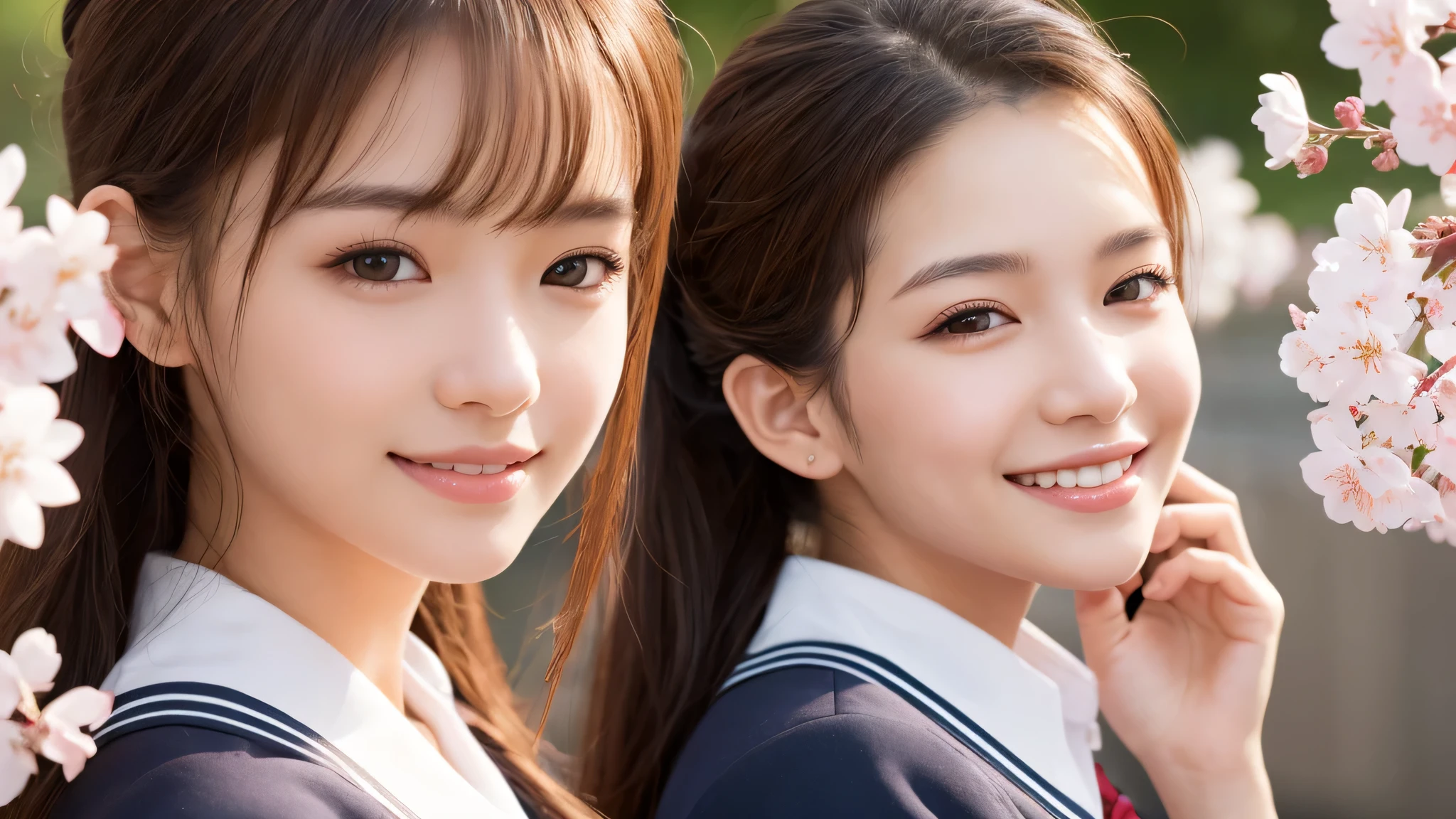 1girl, The face of a princess, classy and dignified. (Best Quality:1.4), (Ultra-detailed), (extremely detailed beautiful face), Amazing face and eyes, (ponytail), cute smile, brown eyes, (highly detailed Beautiful face), (high school uniform:1.2), (extremely detailed CG unified 8k wallpaper), Highly detailed, High-definition raw color photos, Professional Photography, Realistic portrait, evening, Extremely high resolution, smiling, cherry blossoms,