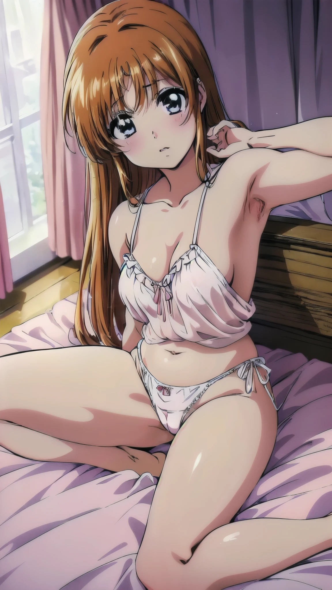 (((official art))),(((anime)))、1 girl.(((nanoha))),(((large breast))),(((hot pellow hotel room)))、(((lying on back on bed))),open legs,(((light pink negligee))),(((see through))),(((white panties))),(((Detailed depiction of the crotch))),(high resolution:1.6),detailed description、masterpiece、reasonable、(((expression of shame)))、blush、(((from front))),(((showing armpit))),(((look down at view))), (((anime:1.3))),((masterpiece)), (((perfect anatomy))) ,absurd-resolution, (((ultra-detailed))), best quality, deep shadow,