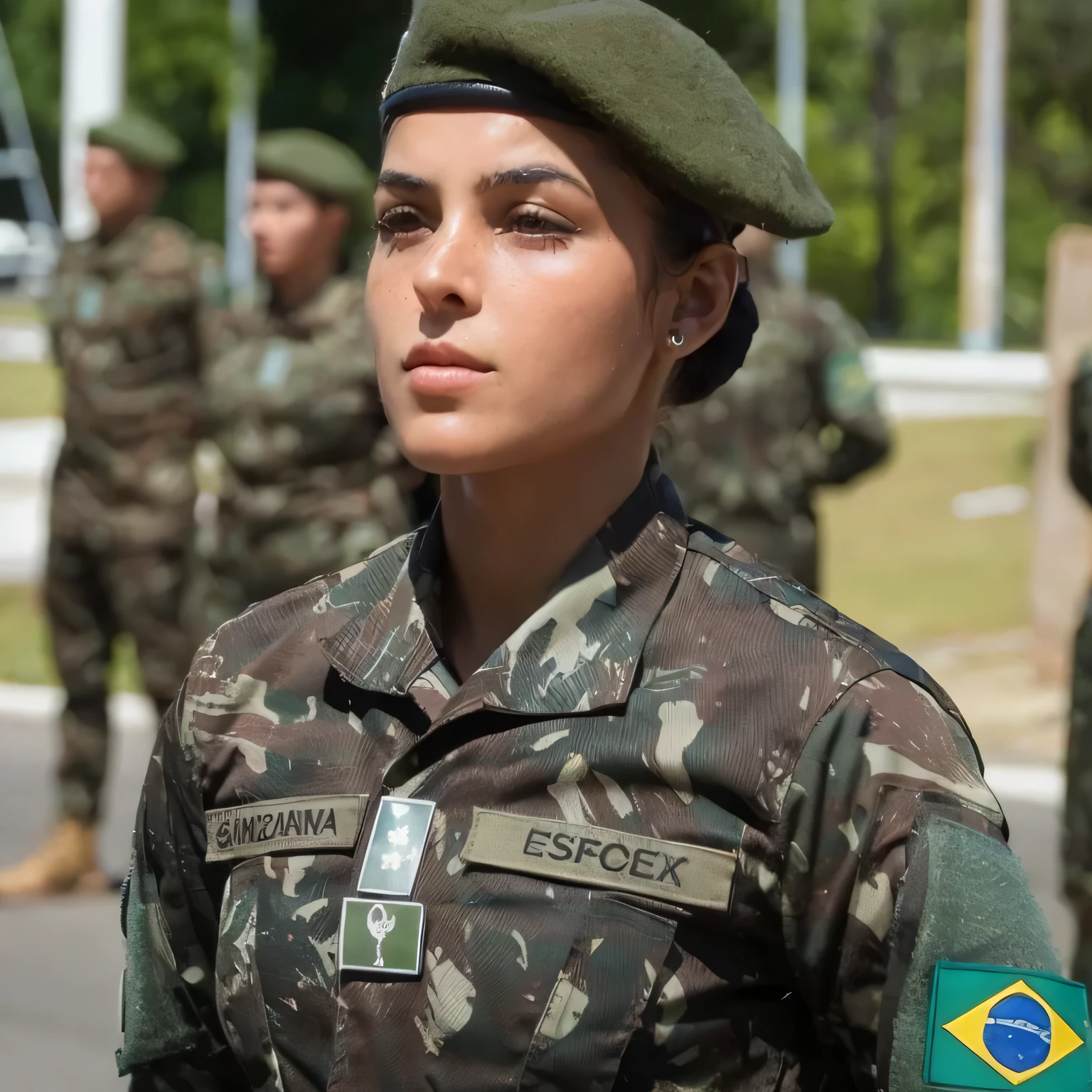 there is a woman in a military uniform standing in a line, malika favre, garota militar, fernanda suarez, garota de infantaria, retrato de uma mulher soldado, linda mulher soldado, brasileiro, by Fernando Gerassi, Carolina Gariba, olivia de bernardinis, garota soldado, Edvige Faini, looks like fabiula nascimento, brasil