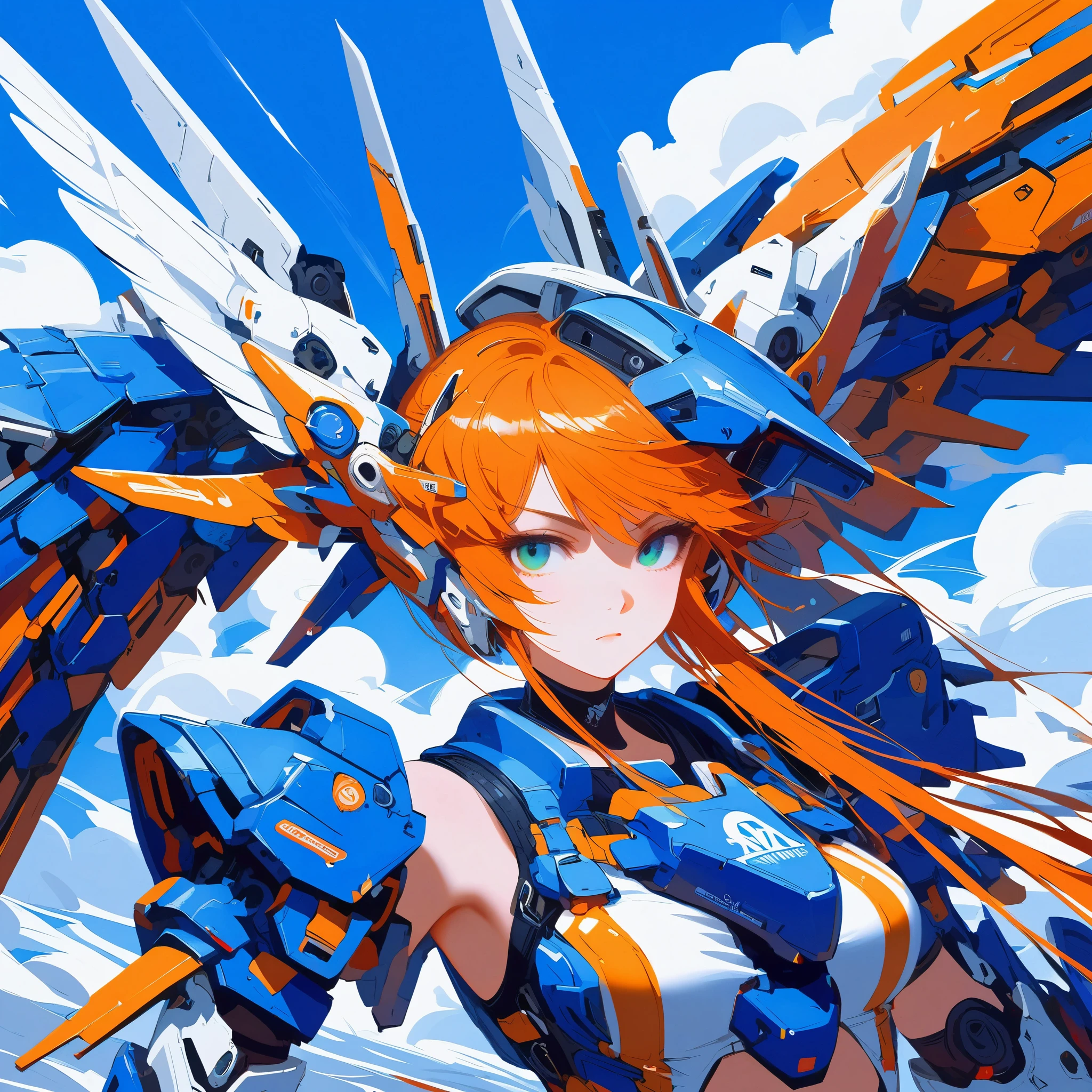 ((celluloid)),Mecha musume,a woman in a futuristic outfit is floating in the air with a sword in her hand with a sky and clouds and blue background with white clouds and blue and orange lines and white,with a,Joseph Stella,Mecha,portrait,rayonism,