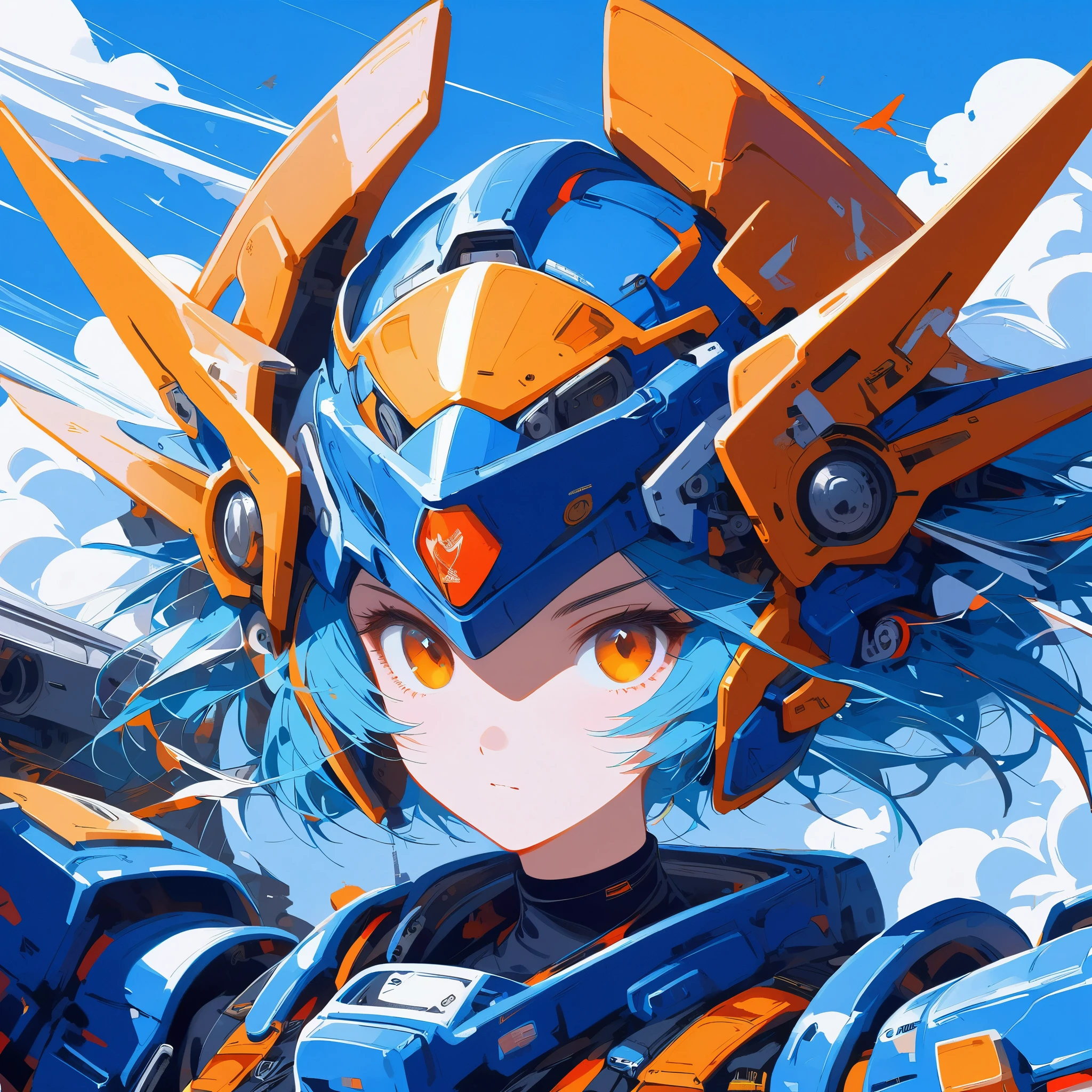 ((celluloid)),Mecha musume,a woman in a futuristic outfit is floating in the air with a sword in her hand with a sky and clouds and blue background with white clouds and blue and orange lines and white,with a,Joseph Stella,Mecha,portrait,rayonism,