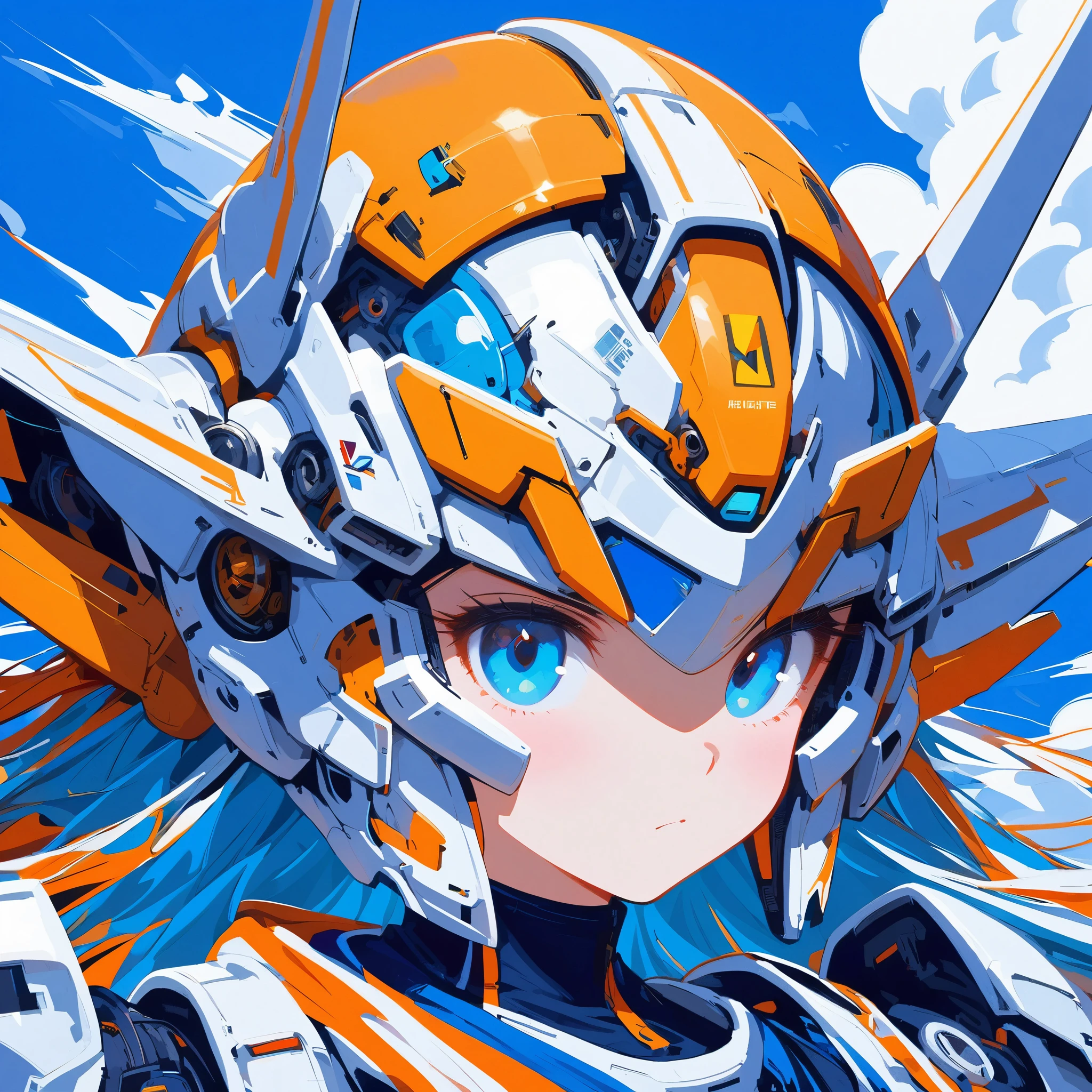 ((celluloid)),Mecha musume,a woman in a futuristic outfit is floating in the air with a sword in her hand with a sky and clouds and blue background with white clouds and blue and orange lines and white,with a,Joseph Stella,Mecha,portrait,rayonism,