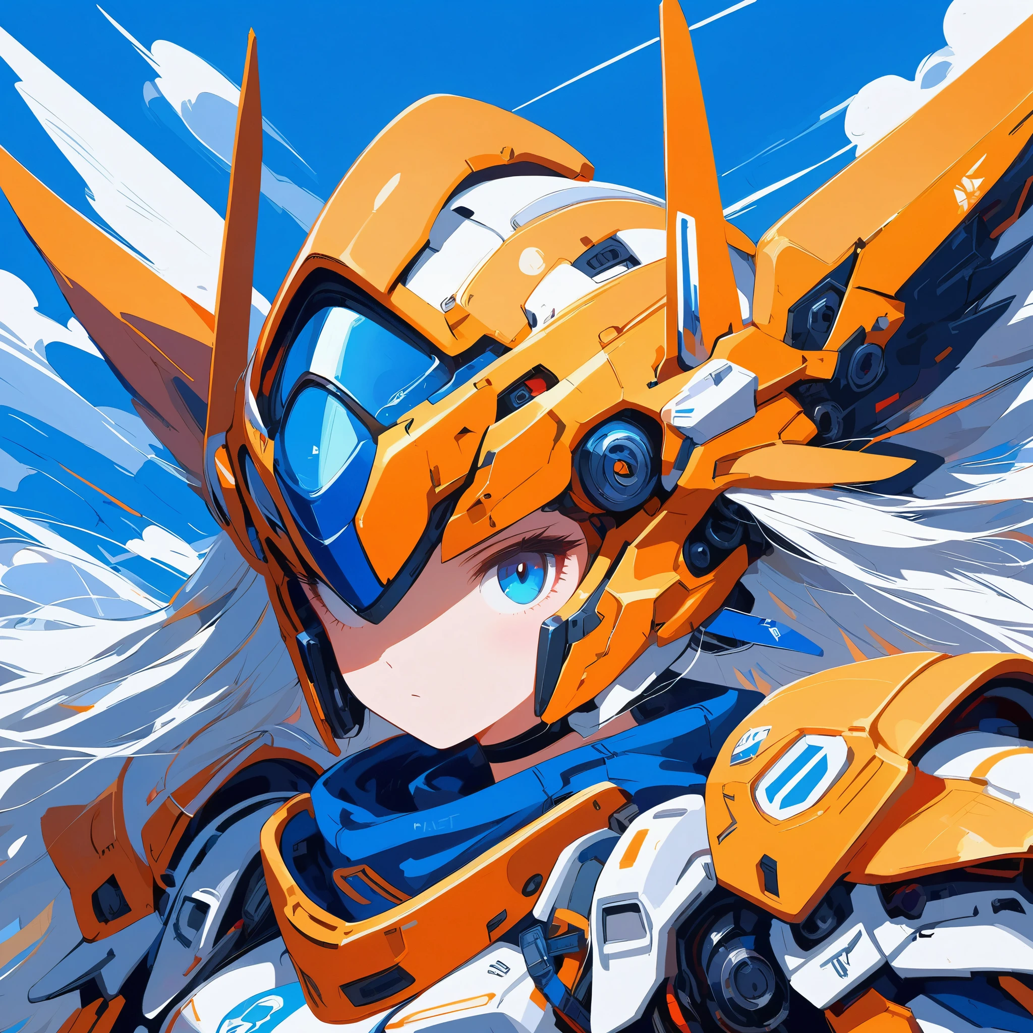 ((celluloid)),Mecha musume,a woman in a futuristic outfit is floating in the air with a sword in her hand with a sky and clouds and blue background with white clouds and blue and orange lines and white,with a,Joseph Stella,Mecha,portrait,rayonism,