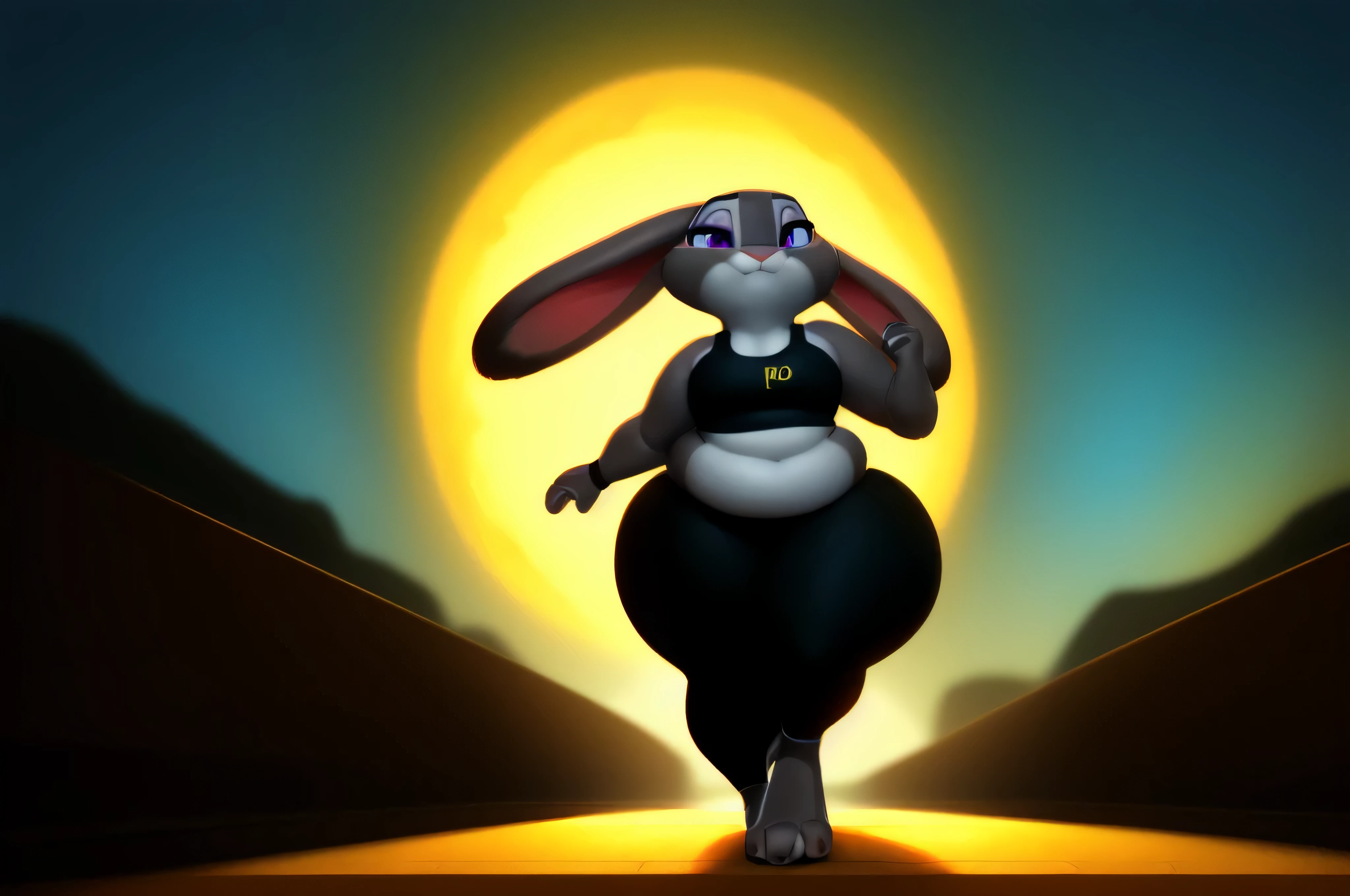 [Judy Hopps], [carregado para e621.liquid; ear bunny, (Pixelsketcher), (purple eyes), (wamudraws), (siroque)], ((obra de arte)), ((retrato solo)), ((1 garota)), ((corpo todo)), ((1 garotas)), ((peludo; antropo)), ((pele detalhada)), ((Ray tracing)), ((sombreamento detalhado)), ((ambient lighting)), {antropo rabbit; (pelo cinza, nariz preto, 2 orelhas de coelho multicoloridas), lindos olhos roxos, cansado, (sports bra, black yoga pants, pequeno , Lindas pernas), (beautiful feet; 4 dedos)}, ((Running on the sidewalk;  muito suada) pose atraente), [fundo; (parque; (nascer do sol, sol brilhante, cidade, raios de sol], very fat, obese, big thighs, massive thighs, large waist, cute fat face, fat arms, big , very wide waist, immobile, super obese, fat arms