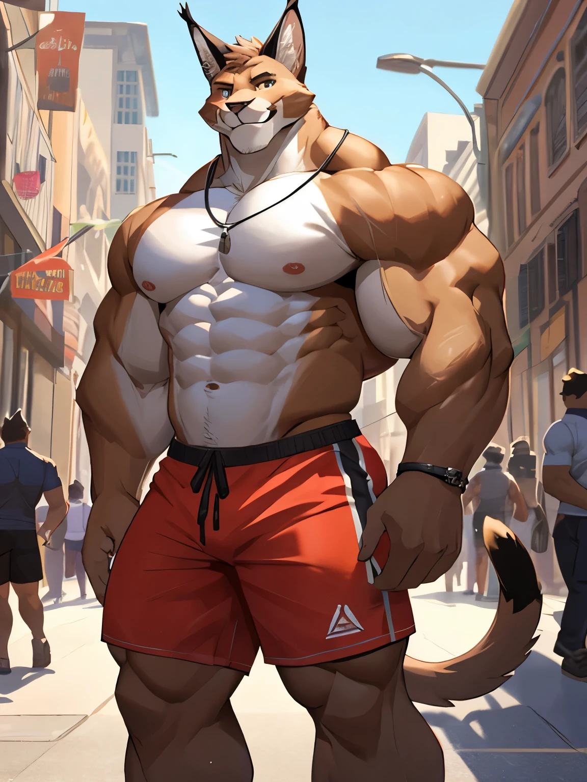 Caracal, good looking, male, anthro, ultradetailed, muscular, solo, bareness, rippling muscles, muscles, downtown background, tail, smile, big pecs, looking at viewer, top tank, shorts, bara, big butt, big muscles, crowd