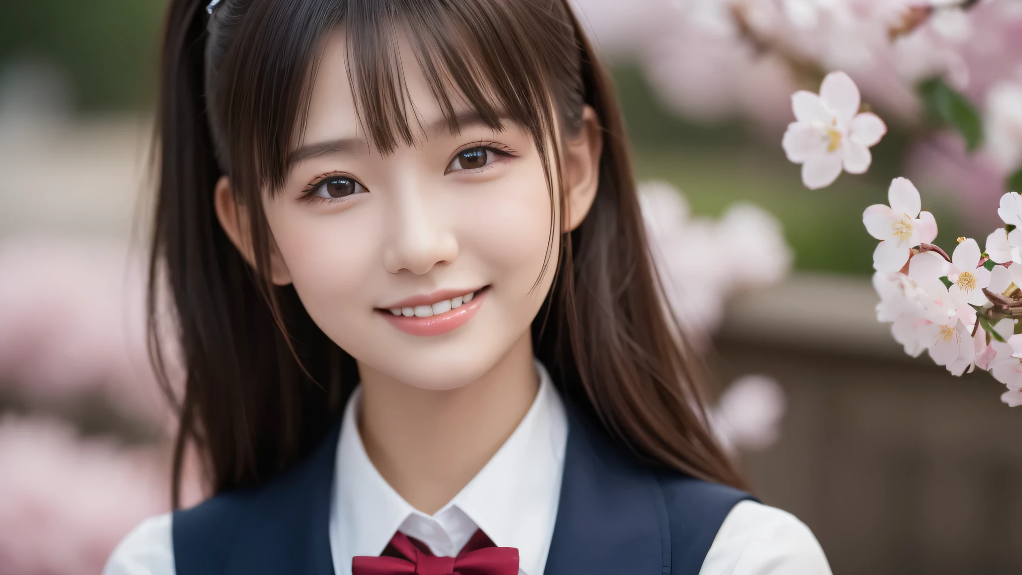 1girl, (The face of a princess, classy and dignified:1.2), (Best Quality:1.4), (Ultra-detailed), (extremely detailed beautiful face), Amazing face and eyes, (ponytail), cute smile, brown eyes, (highly detailed Beautiful face), (high school uniform:1.2), (extremely detailed CG unified 8k wallpaper), Highly detailed, High-definition raw color photos, Professional Photography, Realistic portrait, evening, Extremely high resolution, smiling, cherry blossoms,