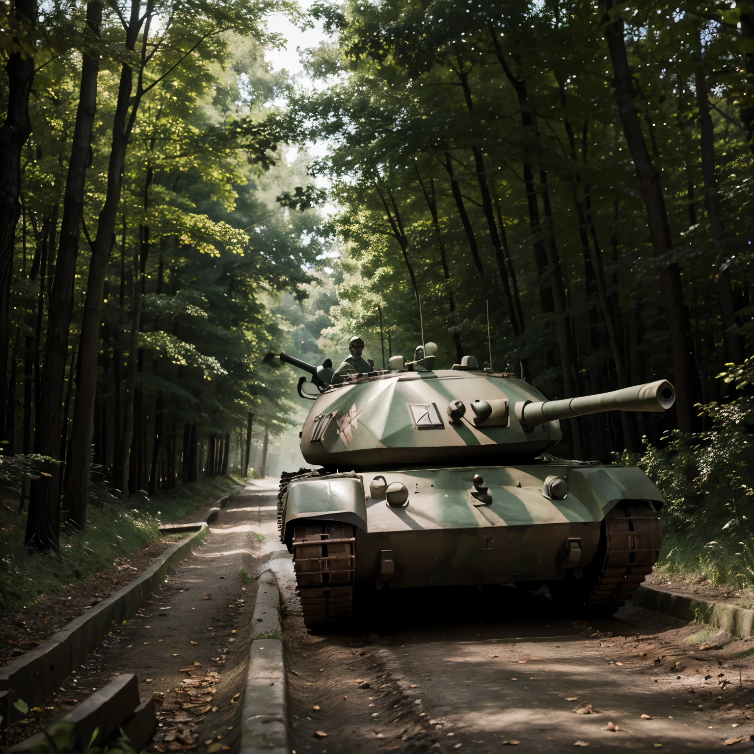 A realistic tank moving through a forest