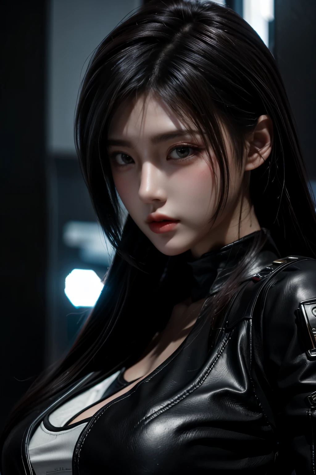 tmasterpiece,Best quality,A high resolution,8K,(Portrait),((Head close-up)),real photograph,digital photography,(Female scientists in sci-fi style),20 year old girl,Random hairstyles,By bangs,(Random Color Eyes),(Random-colored hair),A plump chest,cleavage,Elegant and noble,Serious and indifferent,Open white coat,Black tube top bra,rich details​,Keep your mouth shut,Intricate ornaments,Cyberpunk futuristic style,(Female scholars),white backgrounid,oc render reflection texture