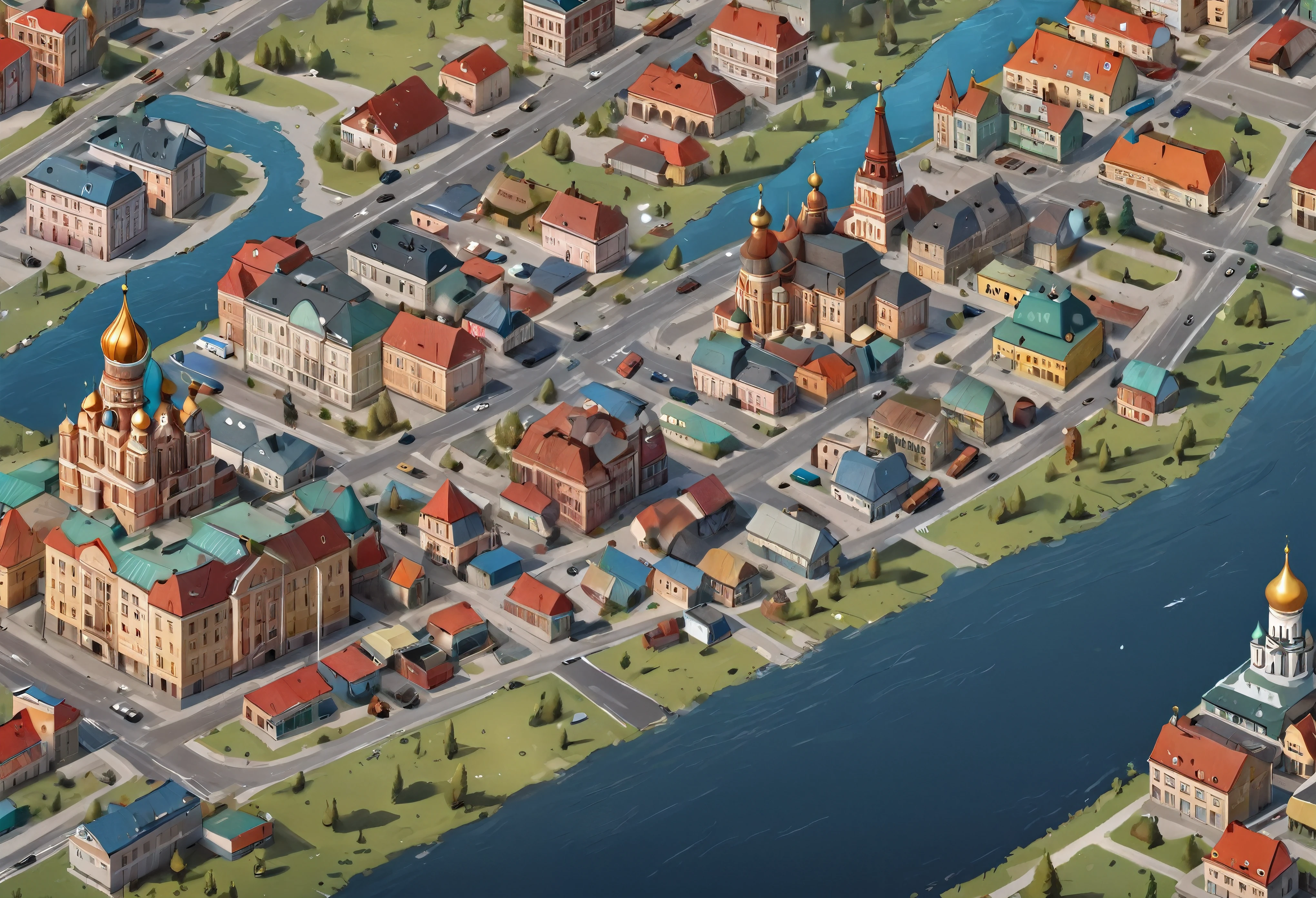 2d game map of a Russian city with, several buildings connected by an expensive, realistic colors, high detail, masterpiece quality