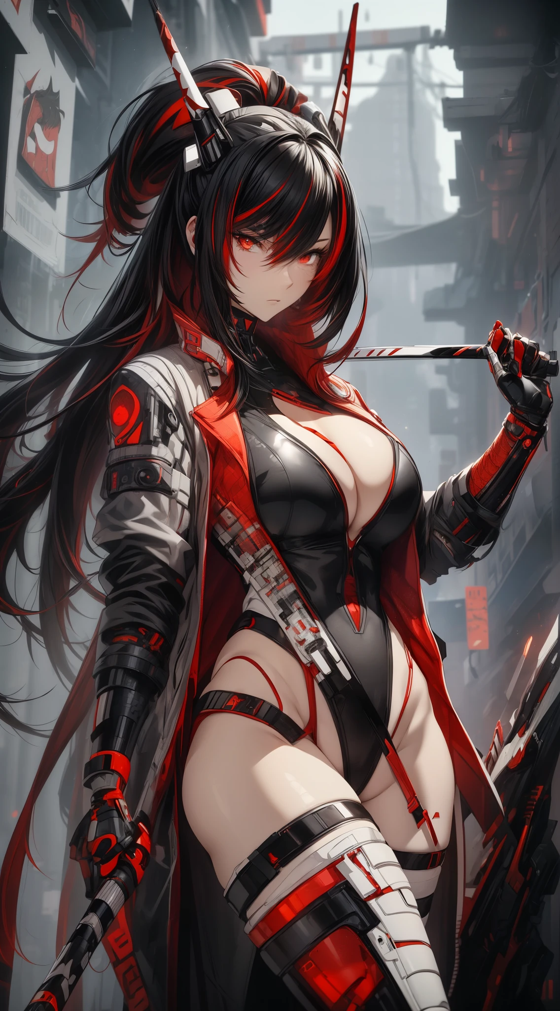 ((best quality:1.3), (high detail:1.2), masterpiece, anime)) (solo) ((black hair:1.8), (hair with red and white highlights:1.7), (very long hair)), ((heterochromia_eyes_red_and_grey:1.4)), thick thighs, huge breasts, muscular, athletic, ((cyborg body:1.3), (Cyborg arms:1.4), (Cyborg legs:1.4)), ((highcut leotard:1.8), one-piece, (red_black_outift:1.3,) cleavage), (Ninja-style Jacket:1.6), (headgear, horn-like devices:1.1), toned body, 1 woman, (age 26), ((holding sword:1.6, katana, glowing)), beautiful, sexy, first rate body, (Lucia_Crimson_Weave:1.45), Lucia