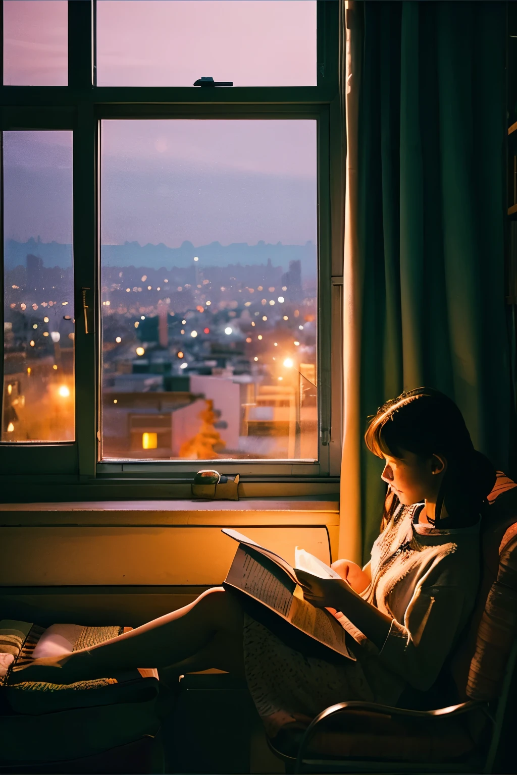 sit in a chair、Girl reading a book on the windowsill、The view of the city at twilight outside the window、The sky is sunset、There is a bed next to the girl.、a cat is sitting on the bed。