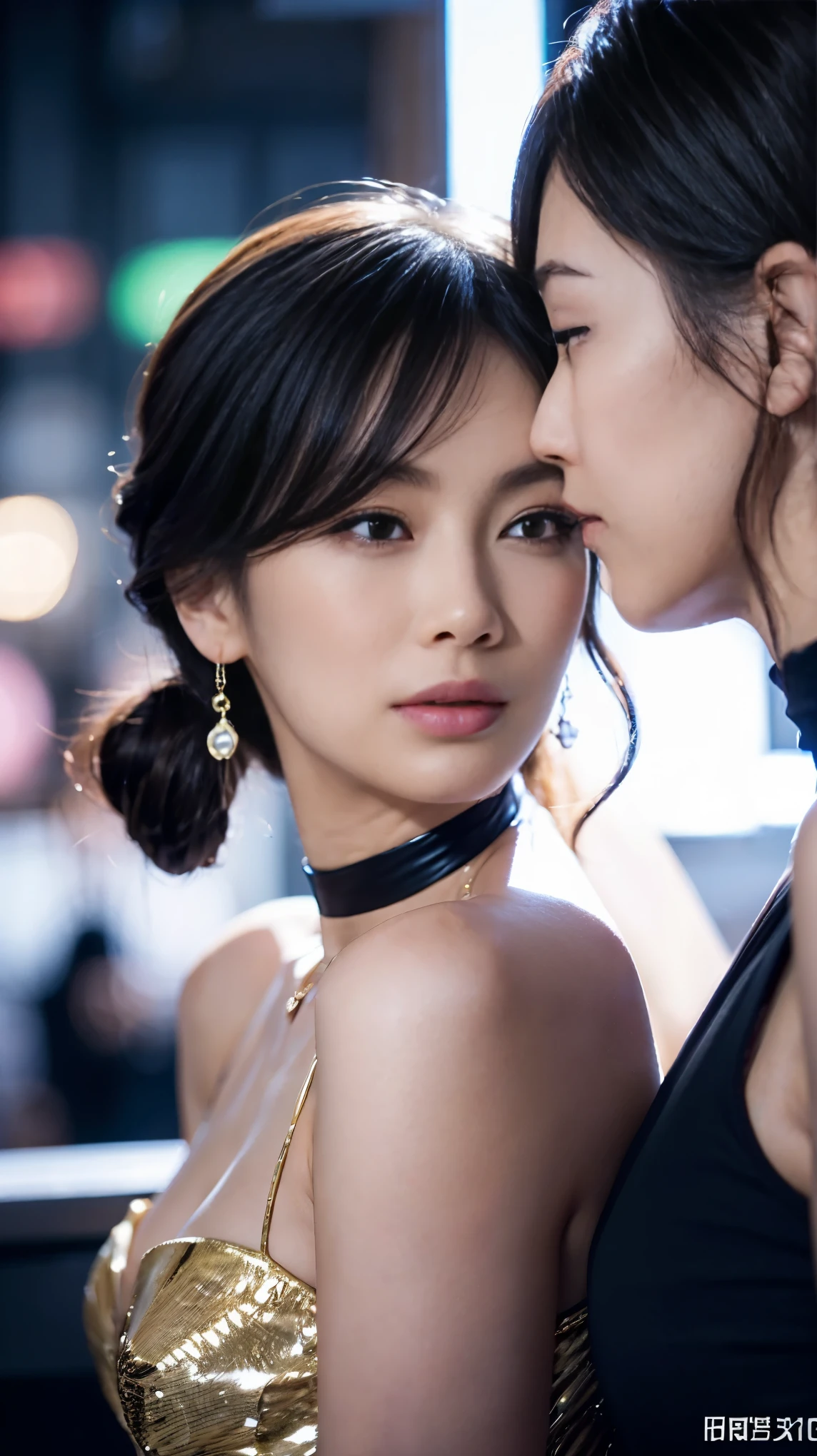 (masterpiece, highest quality, 8K, sharp focus, Depth of the bounds written, best shadow, perfect light, HDR, realistic skin texture, ultra-be familiar with background, be familiar with), anime style, two women kissing (one of them has green eyes, white skin, black hair ponytail, choker, small breasts, slim, compensate, eyeliner, Sparkling), (The other woman has blonde hair.), at the nightclub, cyberpunk theme, cyberpunk city.