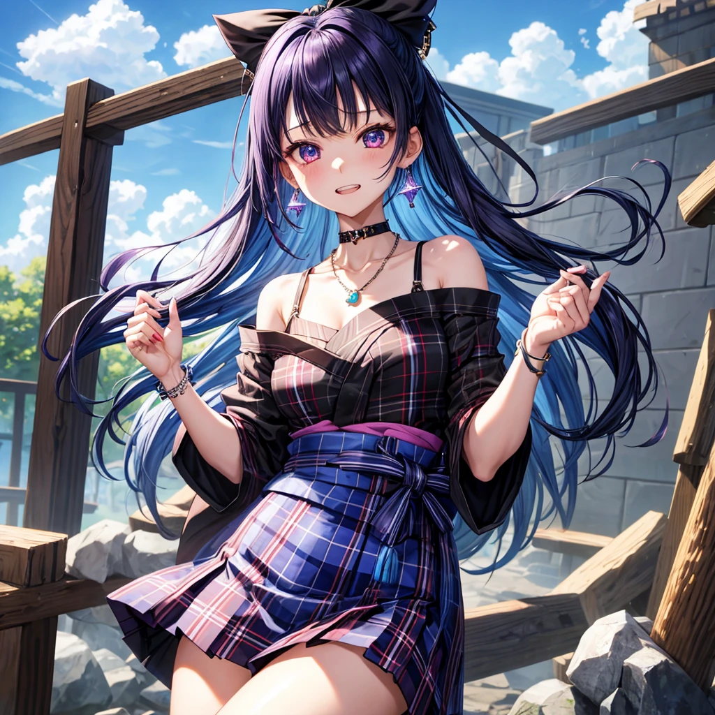 Blue-violet hair、red eyes、one good looking girl、solo、anime、plaid mini skirt、black camisole、black t-shirt、kimono、wearing a ribbon、ribbon at waist、stones are piled up、crystal earrings、jewelry necklace、Light and shadow、tilting one&#39;s face、teeth are visible、、Wearing geta、lots of crystals、Lock、in the clouds
