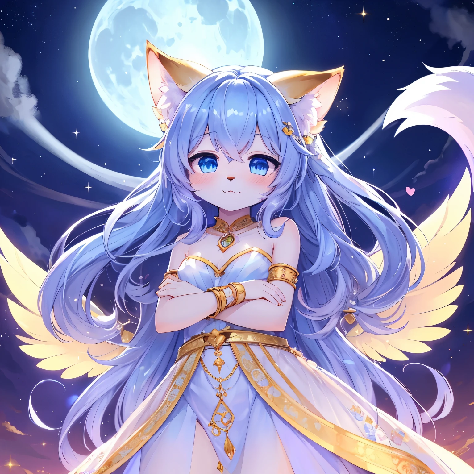 best quality,best resolution,(fluffy anthro furry :1.3),cat girl,small breasts,blue long hair,wavy hair,sparkle eyes,white fur,light blue dress,transparent dress,see through,gold bracelets,gold body accessories ornaments,floral hair ornaments,gold body ornaments,floating in the air,shiny white angle wings on back,panoramic view,purple sky,night sky,blue clouds background,sparkle huge blue crescent moon on back,moonlight,light and shadow,looking at viewer,full face blush,horny face,horny smile,low angle,crossed arms,heart eyes,heart expression eyes