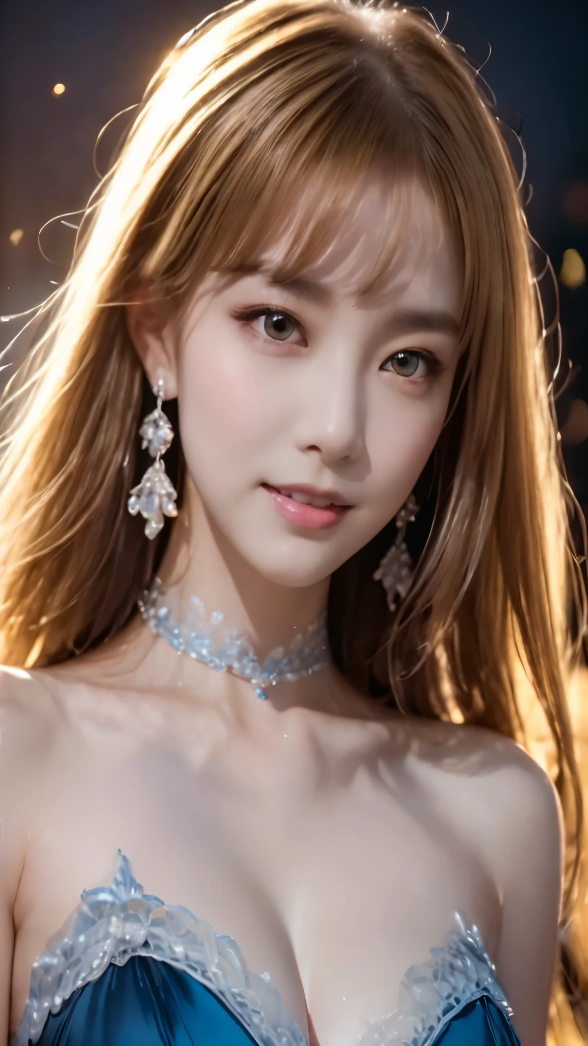 (Highly detailed CG 8k wallpaper, table top, highest quality, Super detailed), (better lighting, better shadow, very delicate and beautiful), floating, high color saturation, dynamic angle, ((1 girl)), nice, Ning Guang(Blue Orchid Evening Dress) blonde hair, black eye, very long hair, hair ornaments, bangs、smiling ice star piece, highest quality, ウルトラ - High resolution, High resolution