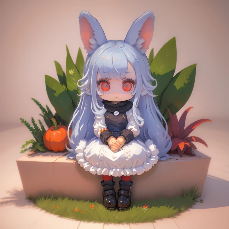 Voxels,(3D Big Pixel Art,3D Pixel Art),White background,Chibi,Large pixels,cute,kawaii,solo,1 girl,(3D Pixel Art),white hair,long,hair,rabbit ear,white dress,holding carrot,red eyes,big eyes,skin color white,sitting down,(3D Pixel Art)