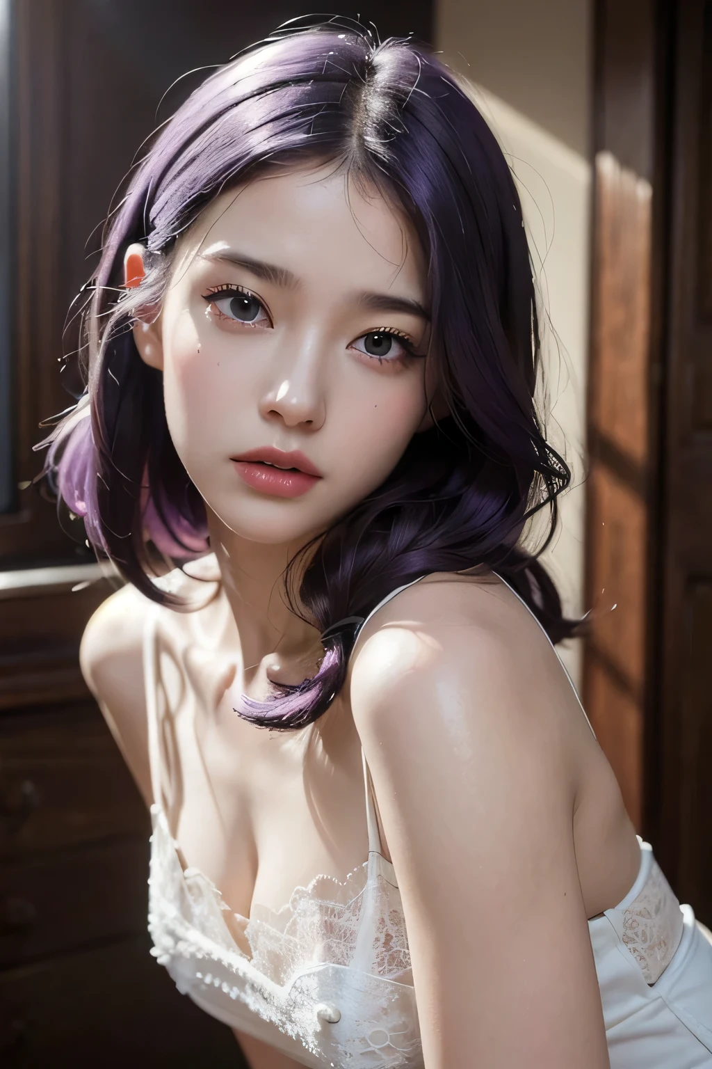 girl, high quality, Super detailedな, crazy details, 4k quality (Cinematic digital artwork: 1.3), high quality, 最high qualityの, Super detailed, shape, [4k digital art]、 indosugu nr, (sharp focus: 1.5), Depth of written boundary, Bokeh, 4k 、High resolution, Super detailedな, Highly detailed CG Unity 8K wallpaper, realistic, Photoreal, Raw photo, beautiful and detailed face, white skin, realistic glowing skin, detailed hair texture, perfect body, big breasts, beautiful face, acura, anatomically correct, highly detailed face, Eye and skin texture, natural neck length, (beautiful eyes), (beautiful hands), (Glossy skin:1.2)、thin legs, thin legs, knowledgeable person、detailed face、detailed background、 (live action、intricate details)、Tropical style、 Dramatic compensate、compensate、eye make up、eyeliner、eye shadow、Lilac Contact Lenses、(whole body)、(garter)、(lingerie), underwear、purple hair、short hair