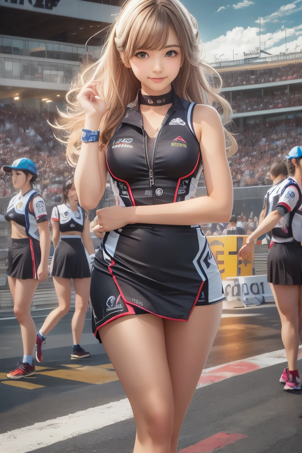 race queen, grid girl, skirt, sleeveless, master piece , best quality , detailed , bangs , woman , smile
