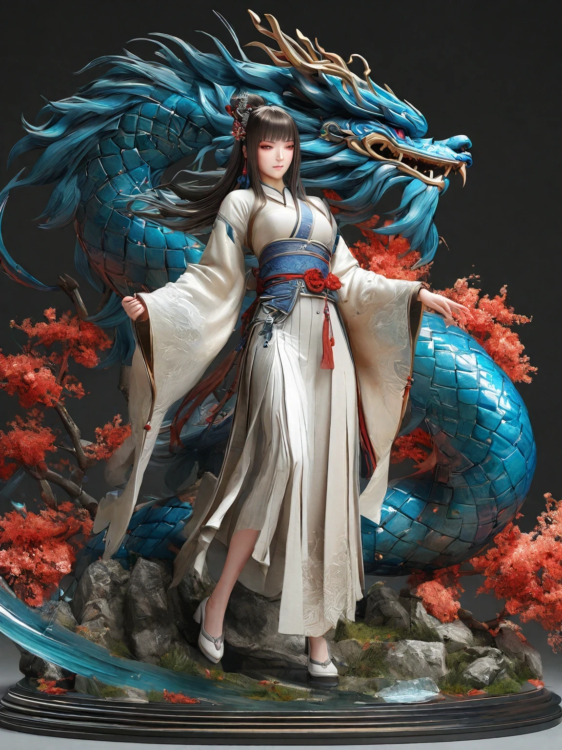 diy13，Highest quality, ultra-high definition, masterpieces, 8k, realistic, anime styled, 3d render，(costume design), dragon elements, Chinese style, full body close-up, flowers, white Hanfu, ink danqing, fantasy style clothing, Chinese clothing, Hanfu, flowing dragon silk, clothing design, smooth cyan tight clothes set, spirit, clothing, game, 8k, fantasy, magical, amazing