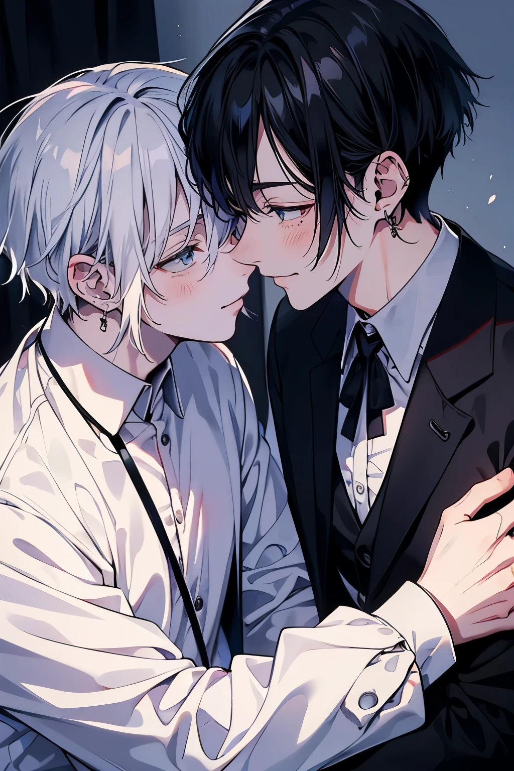 (muste piece), (best quality), very detailed, ((two men intimate)), perfect face, beautiful face, very detailed顔，(black haired man:1.3)，(white haired man:1.3)，suit，shirt，smile